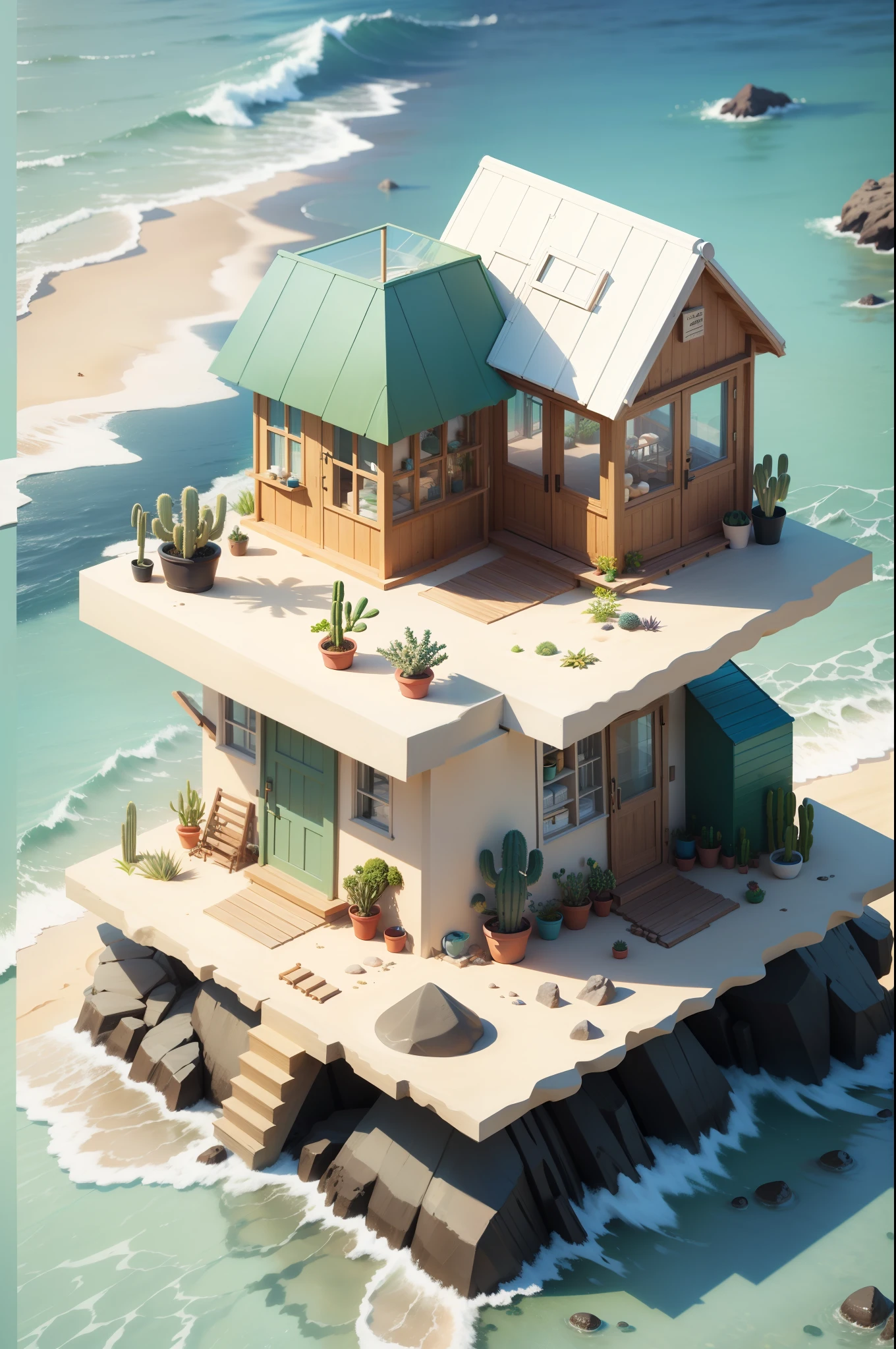 Isometric modern beach hut, glass, Sand, Shore, Ocean, cacti, Plants in pots
