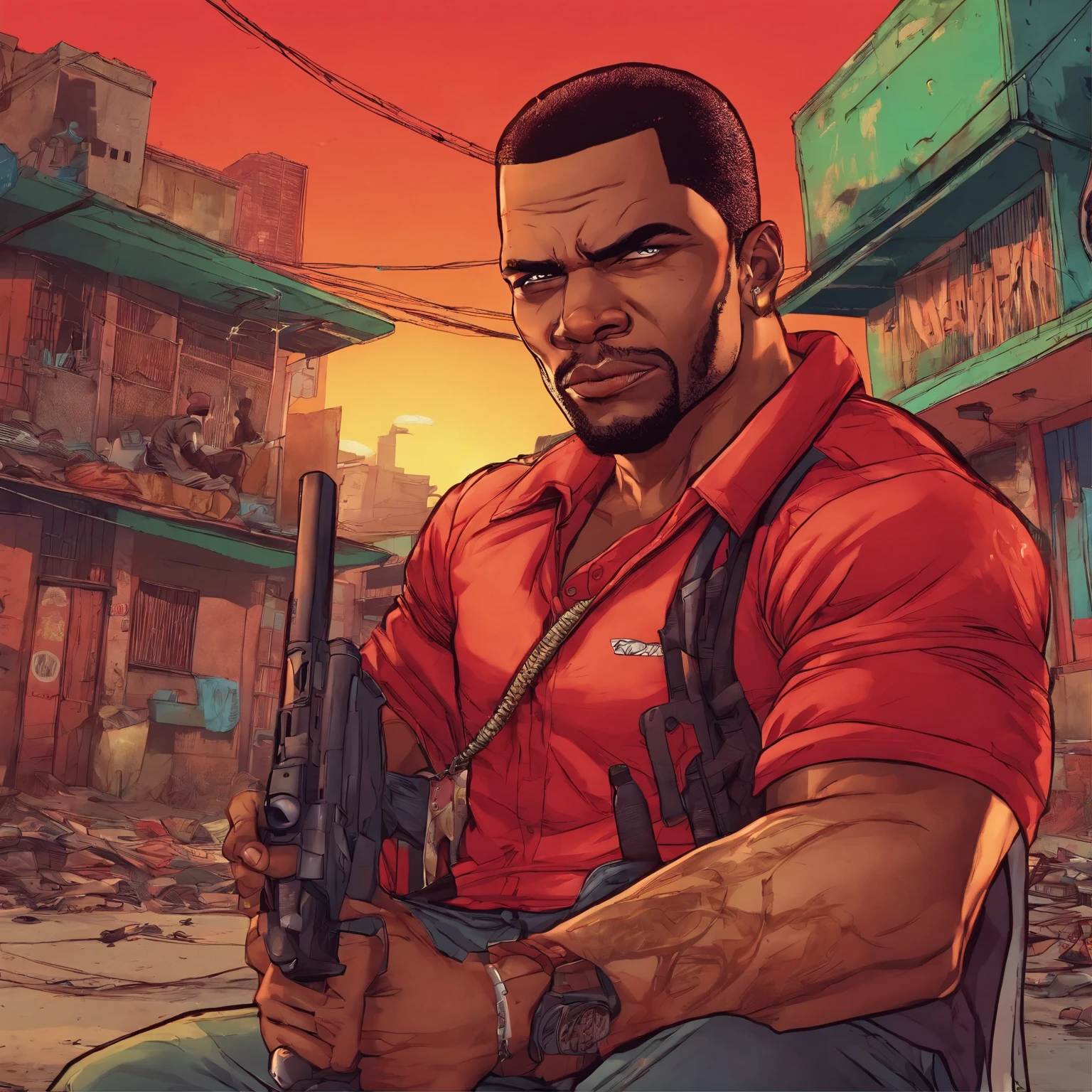 um homem com uma roupa vermelha em uma favela, segurando um rifle, (rosto e corpo extremamente detalhados), cores vibrantes, (retrato), tom de cor vermelha, dramatic lighting, (melhor qualidade, ultra-detalhado, Altas), Realistic