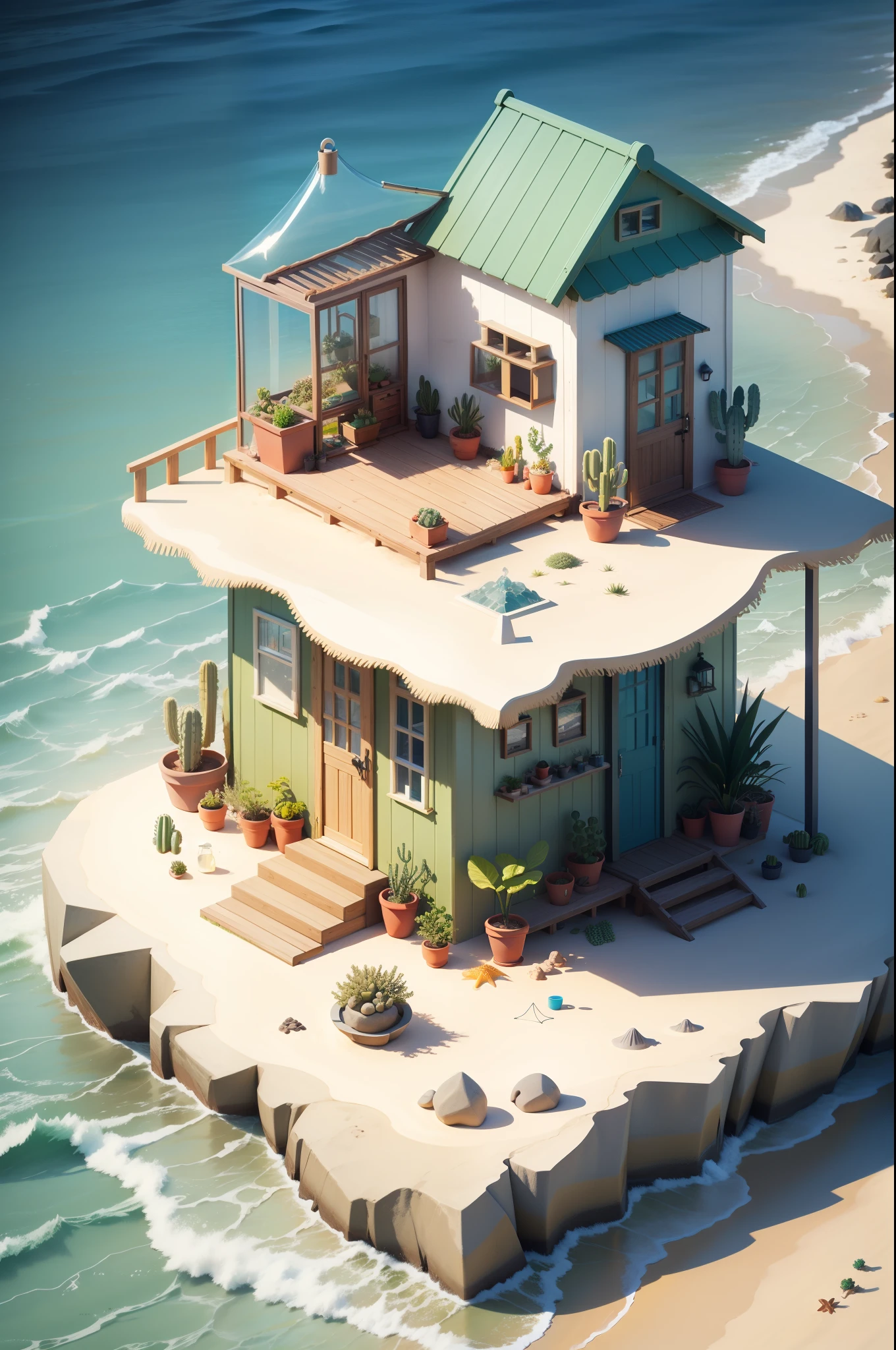 Isometric modern beach hut, glass, Sand, Shore, Ocean, cacti, Plants in pots