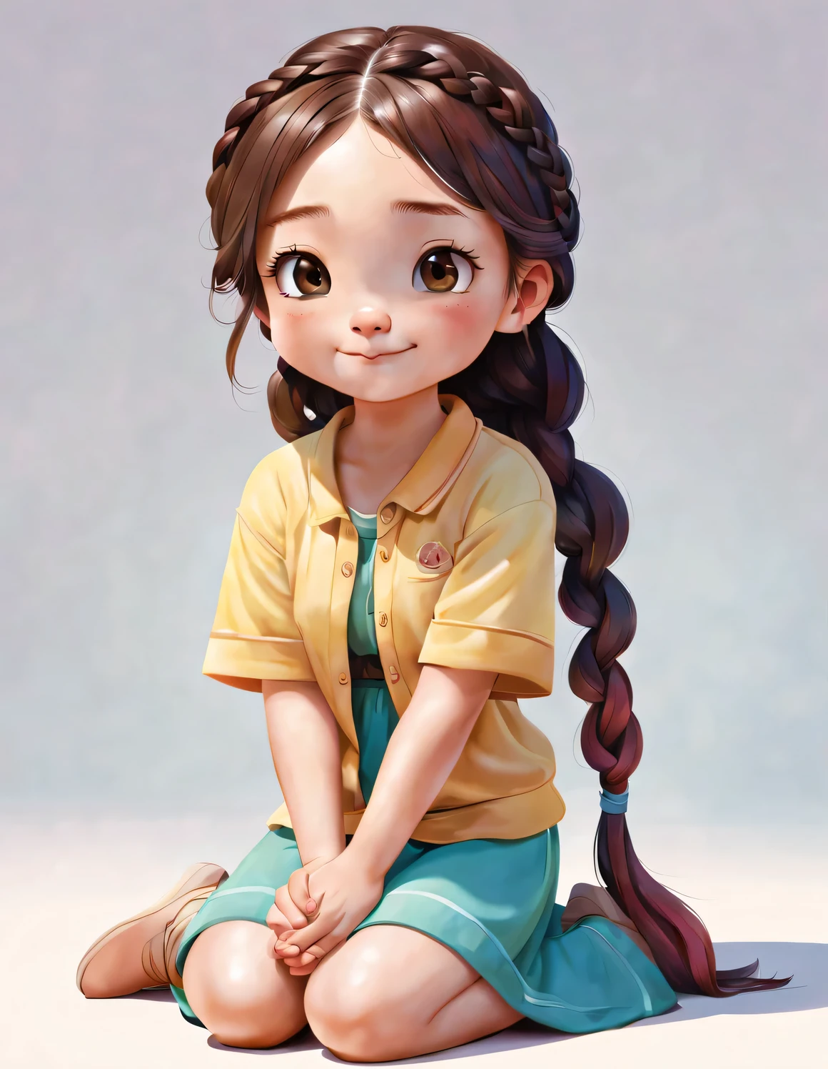 Colorful illustrations.  white, small, Girls with thick skin but smooth skin, pray, Kneel on her lap, smiling, She closed her eyes, She smiles, hold hands, braid, Cartoonish, Lovely, kawaii,