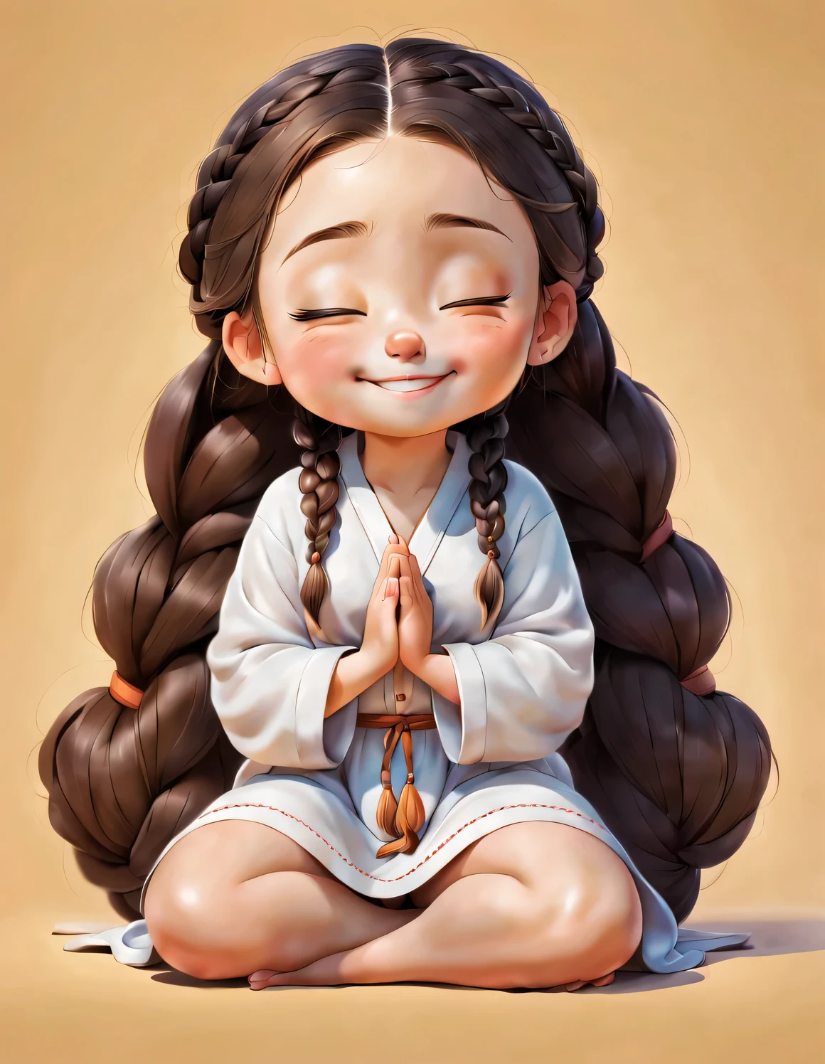 Colorful illustrations.  white, small, Girls with thick skin but smooth skin, pray, Kneel on her lap, smiling, She closed her eyes, She smiles, hold hands, braid, Cartoonish, Lovely, kawaii,