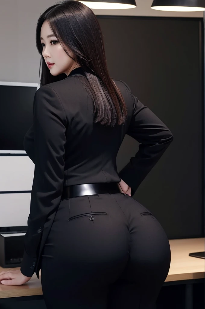 Super Beautiful Office Lady、(Plump ass)、Y shirt、 Black suitpants、posterior view、(((ultra best quality, ​masterpiece))), (((ighly detailed)))