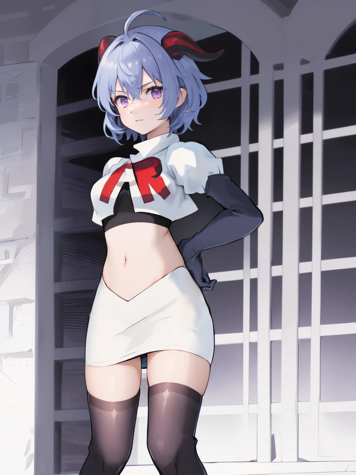 ganyudef, violet eyes,short hair, light blue hair, horns on head, neck bell,team rocket,team rocket uniform, red letter R, white skirt,white crop top,black thigh-highs,black elbow gloves