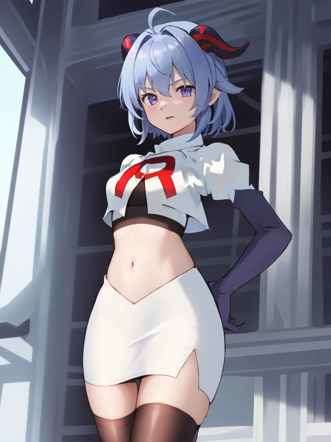 ganyudef, short hair, light blue hair, horns on head, team rocket,team rocket uniform, red letter R, white skirt,white crop top,black thigh-highs,black elbow gloves
