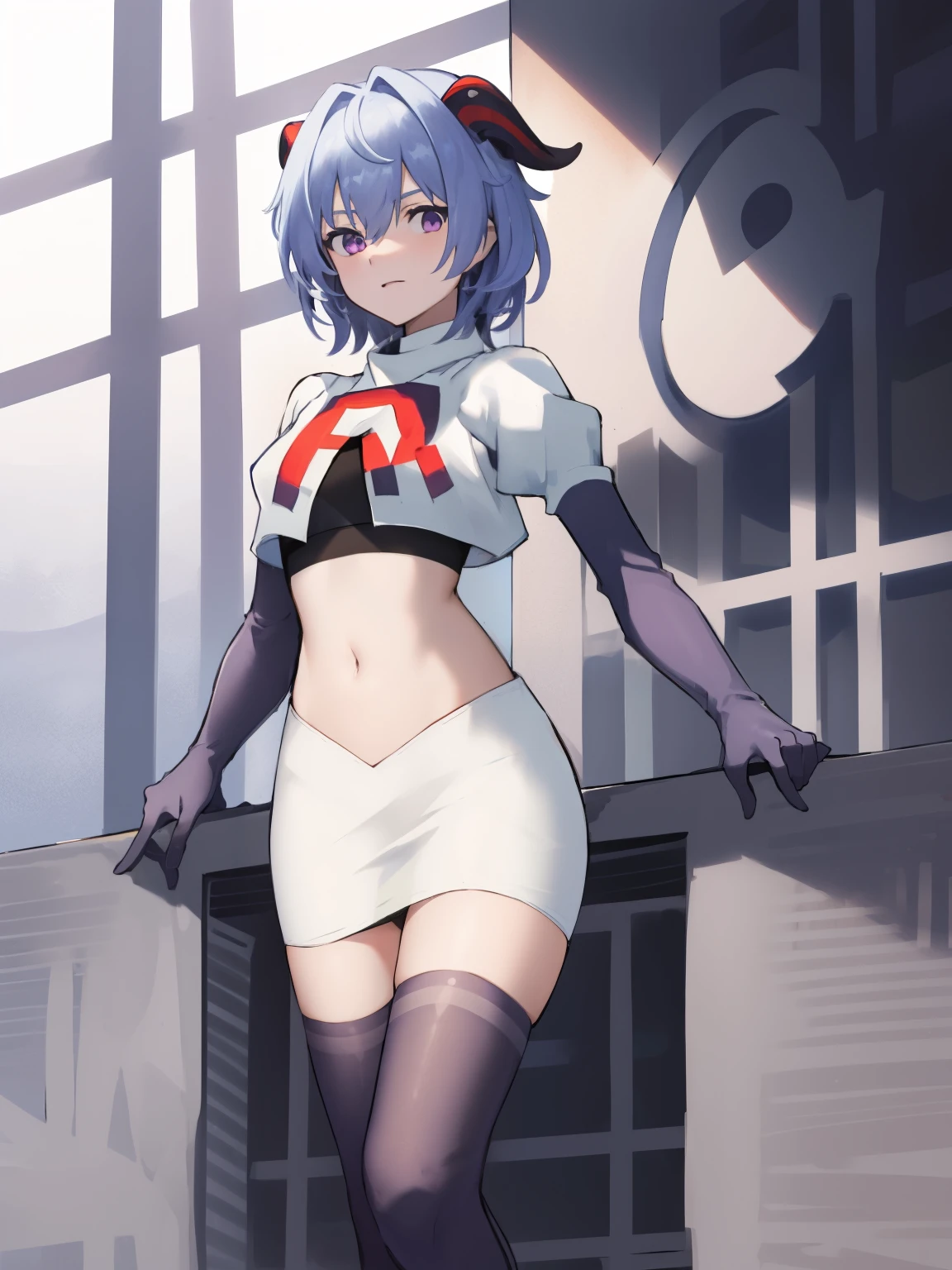 ganyudef, violet eyes,short hair, light blue hair, horns on head, neck bell,team rocket,team rocket uniform, red letter R, white skirt,white crop top,black thigh-highs,black elbow gloves