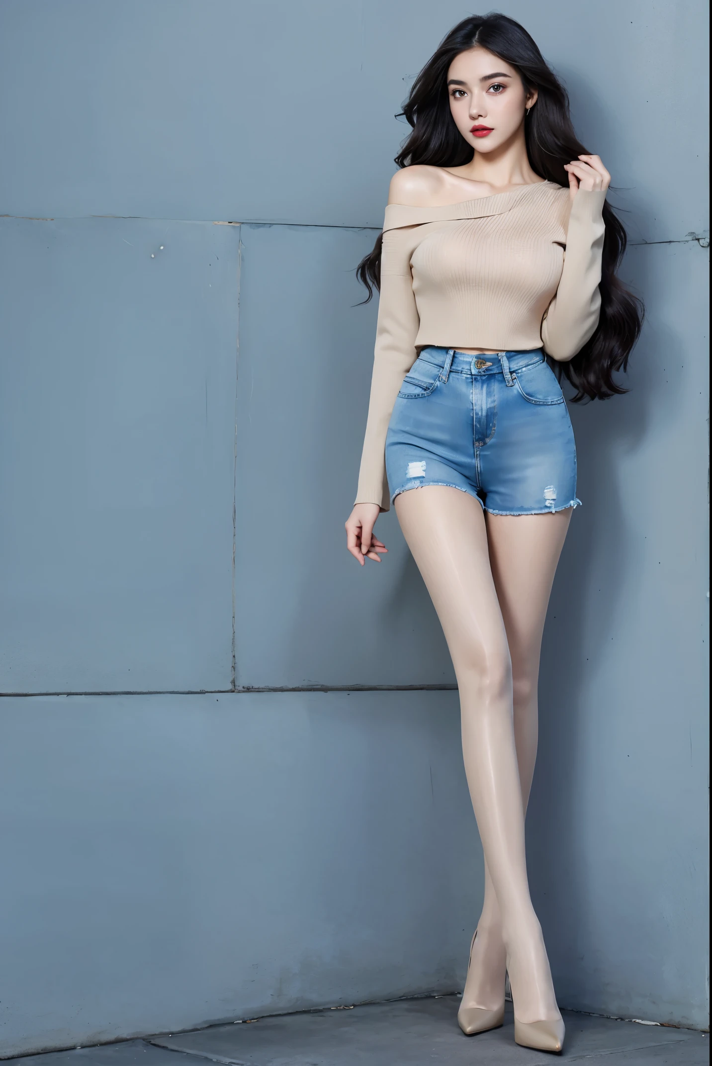best quality, full body portrait, delicate face, pretty face, -yeld wo, slim figure, big bust, Wearing a long-sleeved sweater,Wear denim shorts,Stiletto high heels,wavy long hair,On the streets at night,big eyes,red lips,Heavy makeup,Ultra-thin skin color,Several women together