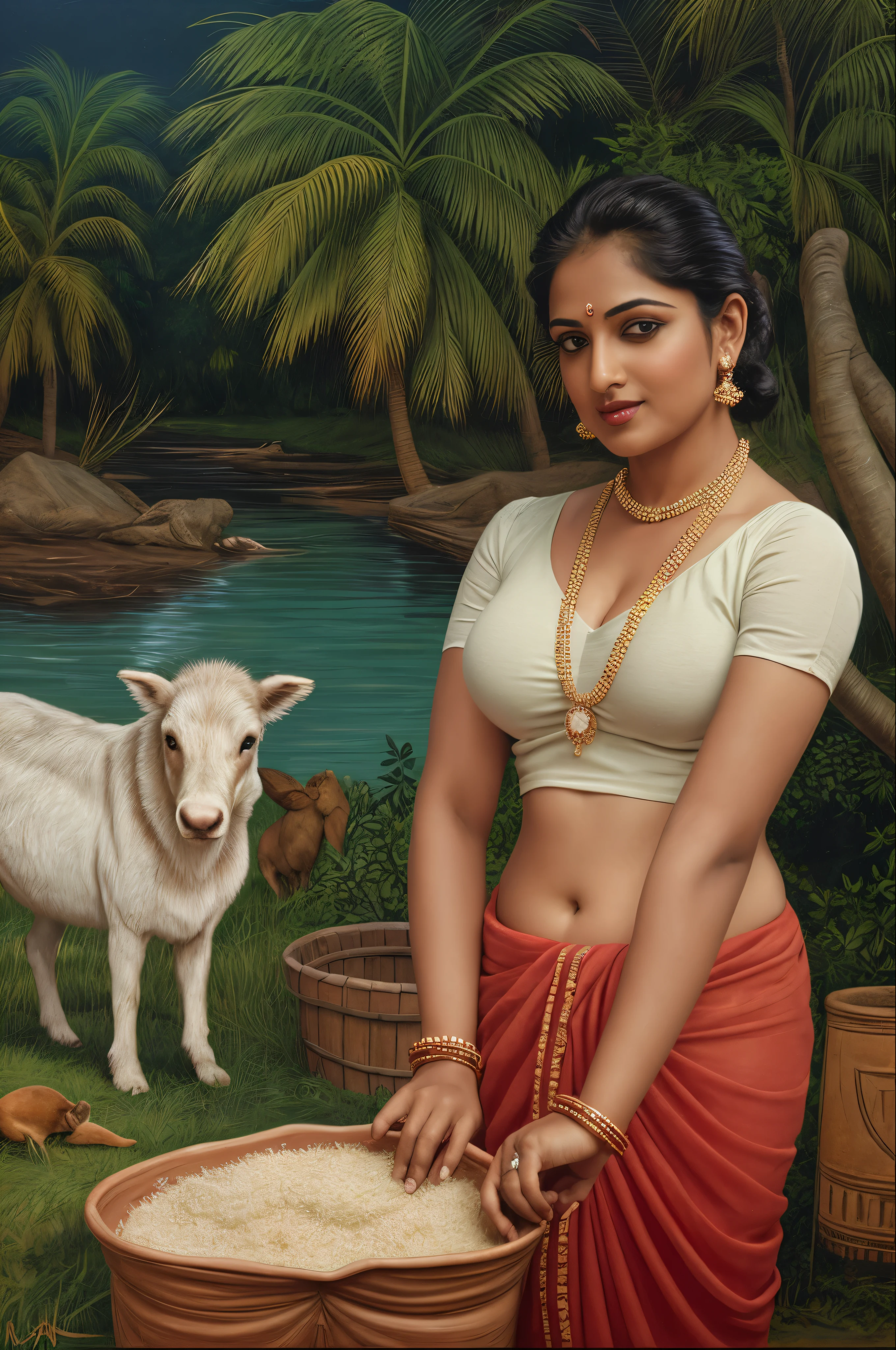 Beautiful Eyes, Model photoshoot recreation inspired by a painting, a woman in a traditional Indian dress, giantess figure, Indian woman, huge breast, milk tank, mallu serial actress, movie actress, beautiful face, mallu auntie, thick hips, booty queen, thick Beauty, Indian ethnic wear, Indian traditional wear, saree, sari, Indian traditional dress, big boobs, Indian housewife, big booty, Aunty with her nephew, nephew loves his aunt, thick body, thick Girl, real woman, charming, fleshy navel, navel fold, huge ass, pawg beauty, captivating, 45 years old woman, perfect face, perfect eyes, perfect body, perfect figure, perfect fingers, aunty, bhabhi, desi bhabhi, desi aunty, mallu, bong, Kerala actress, Malayalam actress, perfect eyes, perfect face, perfect fingers, extremely gorgeous woman, beautiful housewife, beautiful aunty, High clarity eyes, shoot in Sony A7 mark II, Sony A7 mark II, 24-70mm , F/4.0 ZA OSS ZEISS, mirrorless camera, shot by Sony, extremely real, realism, flawless, retouched, beautiful eyes