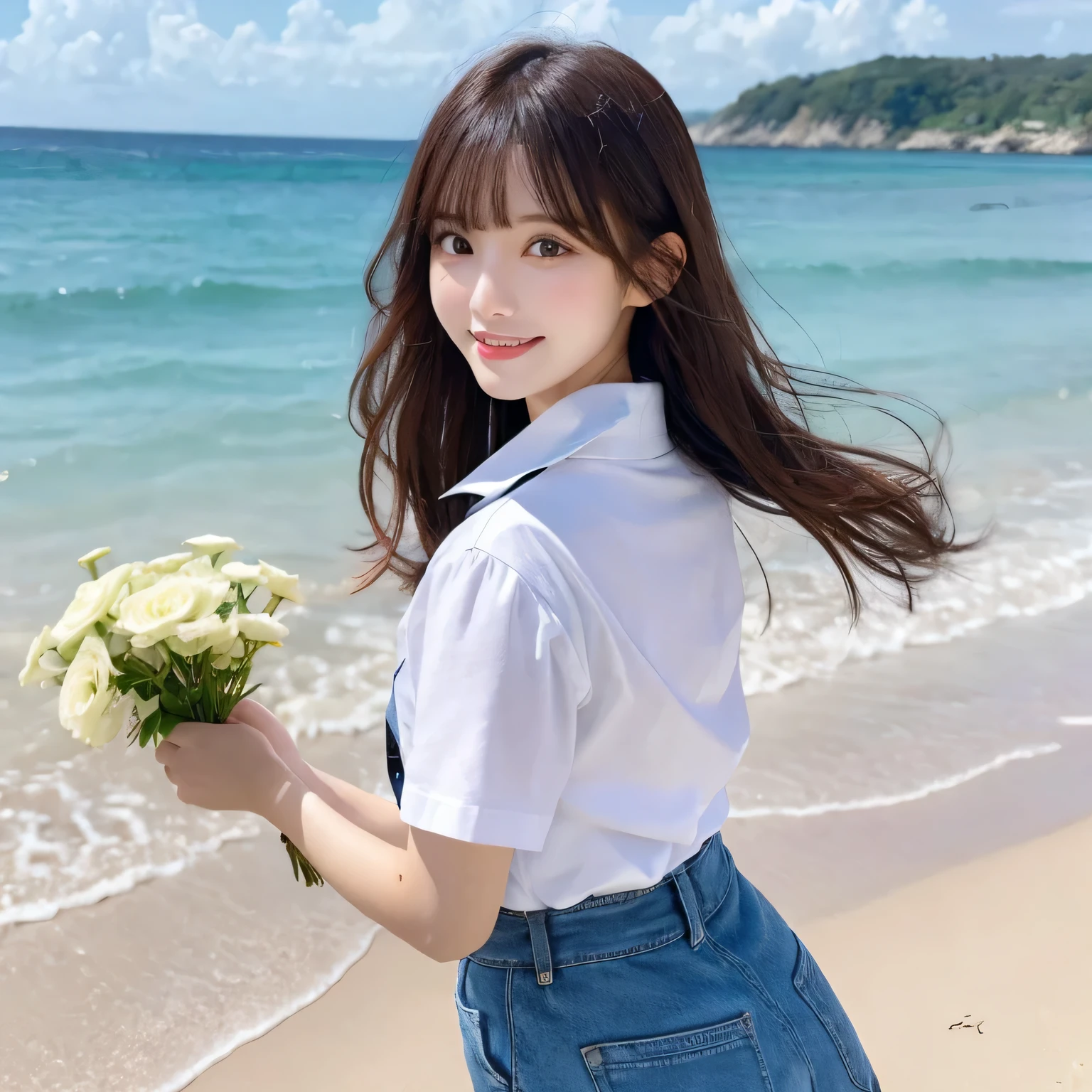 on the table, best quality, illustration, Super detailed, fine details, high resolution, 8k wallpaper, Perfect dynamic composition, Beautiful and delicate eyes,whole body摄影,show your whole body、collared shirt、long gray hair, Bold sexy pose,Smile,Harajuku、20 year old girl、huge :1.5、Look at the sexy shots of the camera, whole body, Rear view、Holding a bouquet of flowers、standing at the beach