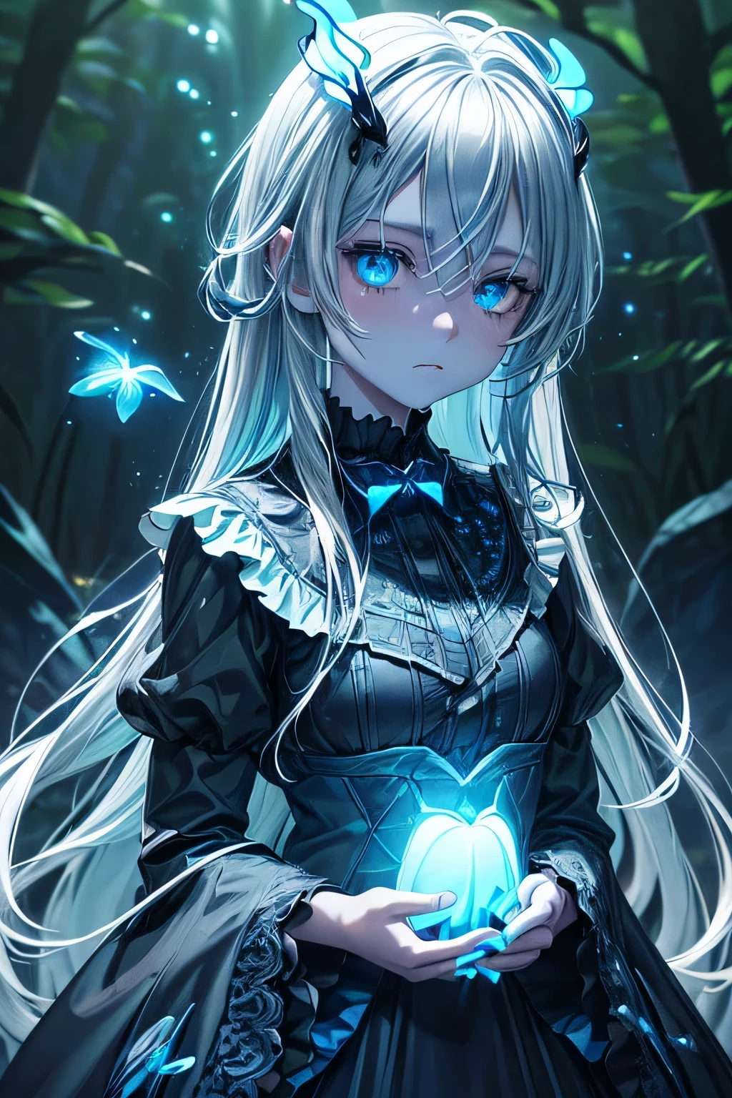 masterpiece, highest quality,(figure:1.0),
1 girl, (Gothic ta:1.2), (Black big wings:1.3),(((bioluminescence照明, blue light: 1.5 ,blue lighting: 1.5, blue tint: 1.5))) , (empty eyes:1.8, crazy eyes:1.3, Dark pupils:1.4),
Glowing with black eyes, The sparkle of black hair: 1.5, detailed background , (bluegrass, Blue leaves), (forest, glow in the dark forest: 1.5), (bioluminescent forest: 1.5. bioluminescence環境: 1.5), Fluorescence environment, (((bioluminescence: 1.5))), (((shining particles in the air: 1.5, particles of light : 1.5,))), blue butterfly,((night: 1.5)),
whole body, long hair, silver hair, Ahoge, blue eyes, emotionless, (cold attitude:1.2), half closed eyes