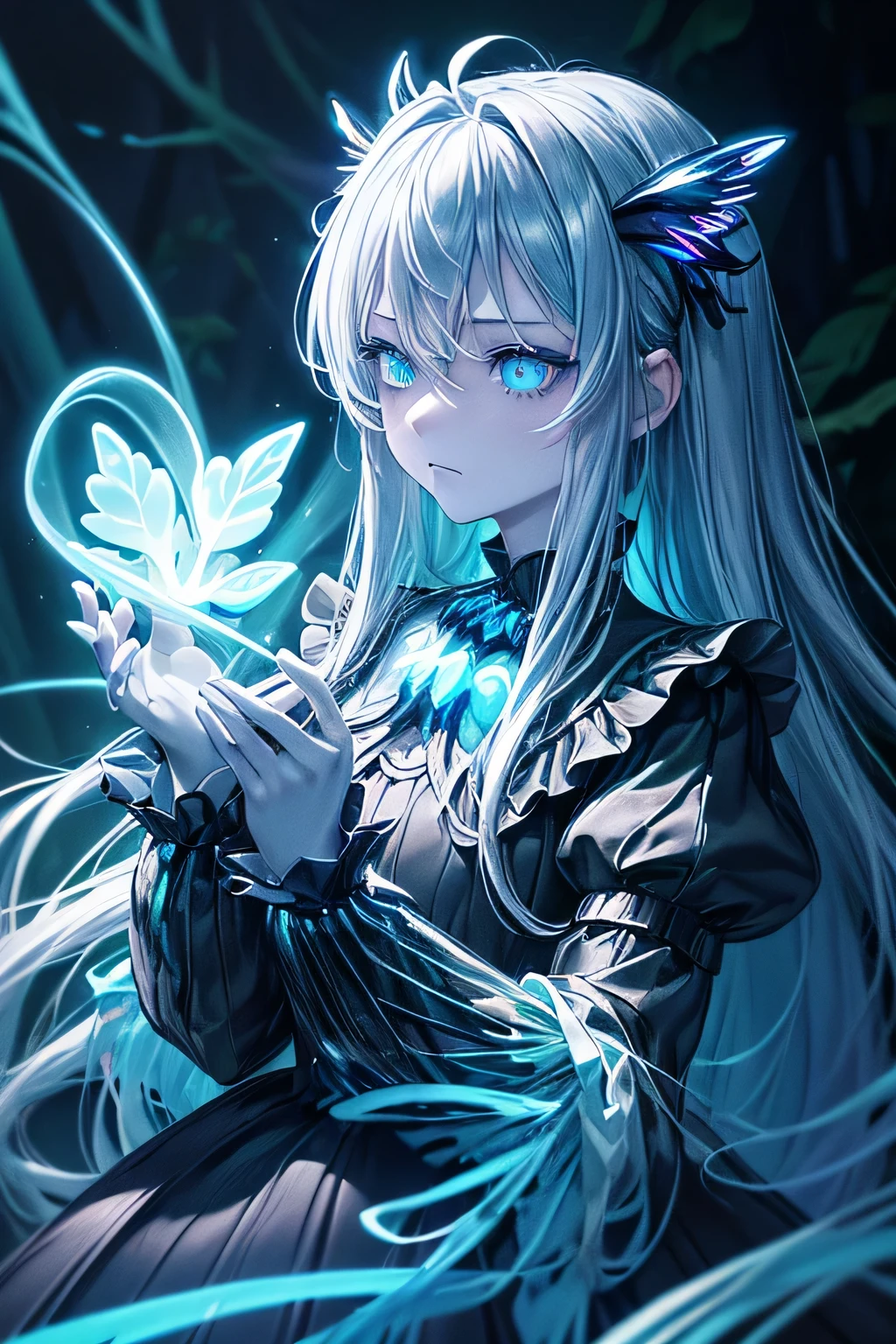 masterpiece, highest quality,(figure:1.0), 1 girl, (Gothic Lolita:1.2), (Black big wings:1.3),(((bioluminescence照明, blue light:1.5 ,blue lighting:1.5, blue tint:1.5))) , (empty eyes:1.8, crazy eyes:1.3, Dark pupils:1.4), Glowing with black eyes, The sparkle of black hair:1.5, detailed background , (bluegrass, Blue leaves), (forest, glow in the dark forest:1.5), (bioluminescent forest:1.5. bioluminescence環境:1.5), Fluorescence environment, (((bioluminescence:1.5))), (((shining particles in the air:1.5, particles of light:1.5,))), blue butterfly, ((night:1.5)), whole body, long hair, silver hair, Ahoge, blue eyes, emotionless, (cold attitude:1.2), half closed eyes,