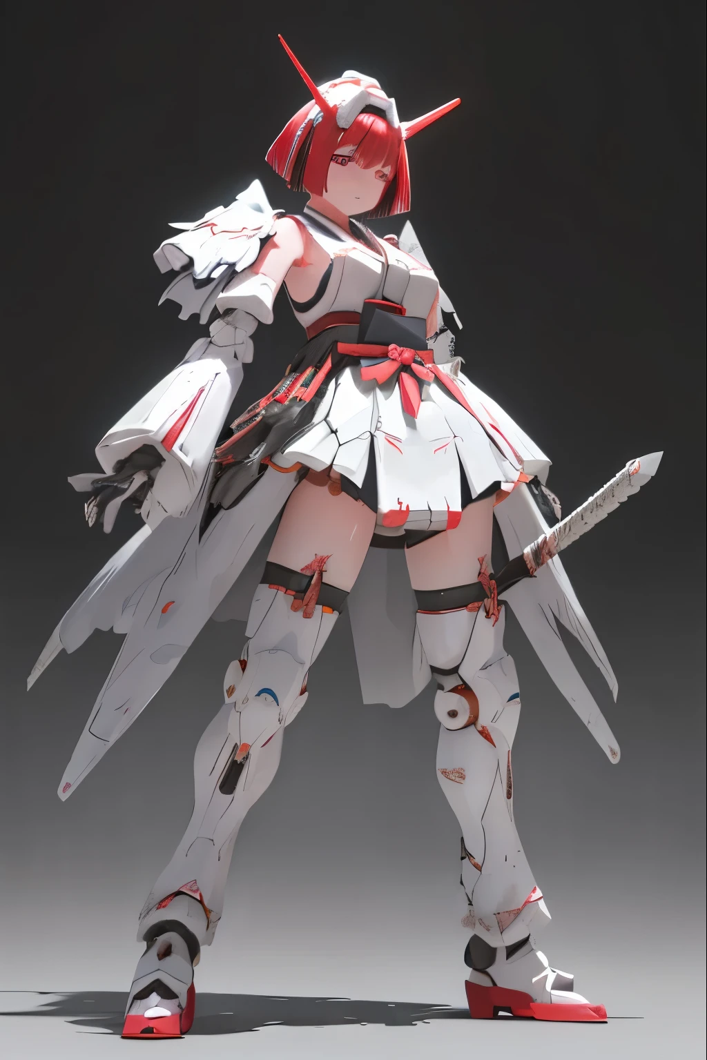 (highest quality)), ((masterpiece)), (very detailed: 1.3), 3D, {(japanese young girl)}, white theme, japanese girl wear shrine maiden anime costume, wears a futuristic Gundam mecha,(Gundam), with headgear, with v-fin , armored shoulders,armored under arms, armored under legs, (ware a scarlet hakama:1.3), multilayer textureperfect proportions, octane rendering, duotone lighting, Low ISO, wide aperture, White balance, Rule of thirds, ultra HD16k, HDR (High Dynamic Range), Ray Tracing, NVIDIA RTX, Super Resolution, Subsurface Scattering, PBR Texturing, Post Processing, Anisotropic Filtering, Depth of Field, Maximum Clarity and Clarity, High efficiency subpixel, subpixel convolution, particles of light, light scattered, Tyndall effect, full body:1.5, battle pose, cute, (cute:1.2), (bob cut:1.3),三つ編み, 黒髪, 太い眉毛, 薄い色の虹彩, 大きくて輝いている黒い瞳, 長いまつげ, 小さく薄い色の自然な唇, (Average face of Japanese idols), (日本人特有の童顔:1.3), (baby face), 広いおでこ:1.2, ふっくらした頬, 小さな顎, visible side boob, (holding a shining Japanese sword:1.5), in the hangar,looking at viewer,Focus on the eyes