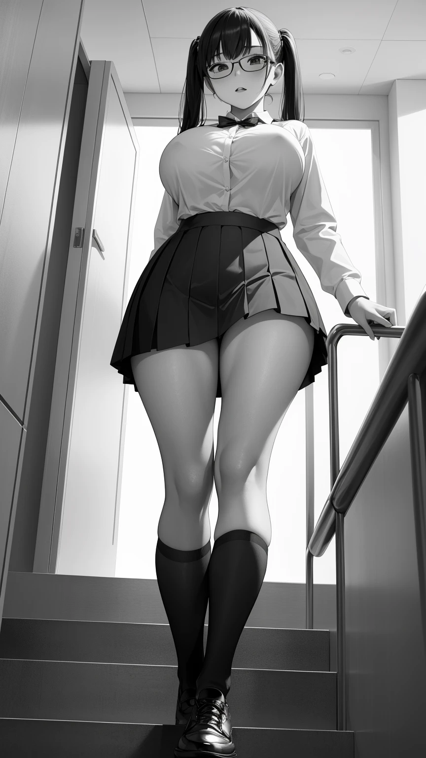 (Beautiful, Huge_Breasts), (Extremely short skirt:1.4), illustration of Female student, twin tails, glasses, short skirt, revealing pantie from below angle, walking upstairs.

Emphasize perspective: View from below, capturing the student with focus on her posture and short skirt.

Additional details: Sunlight casting shadows, books in hand, stairs in a school setting.

Clarity (1.5): Ensure a clear portrayal, paying attention to facial features, limbs, and clothing.

photography, 8K, HDR, highres, absurdres:1.2, Kodak portra 400, film grain, blurry background, bokeh:1.2, lens flare, (vibrant_color:1.2)
, (beautiful_face:1.5),(narrow_waist), 