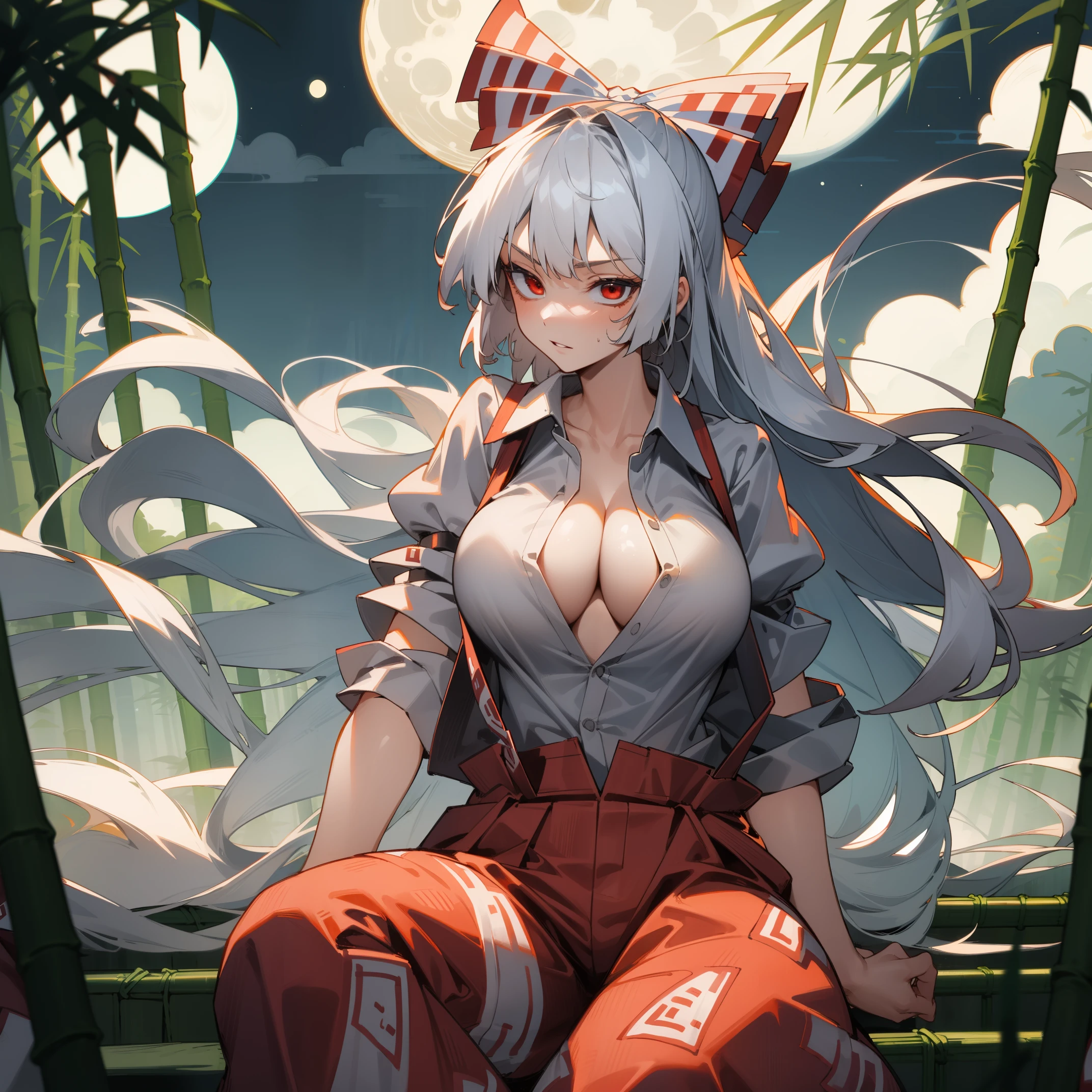 1girl, Fujiwara no Mokou(from Touhou. She has huge tits) in bamboo forest. She has white hair, red eyes. She's wearing a white shirt, sit, night, moon, hair ribbons, unbuttoned shirt, 