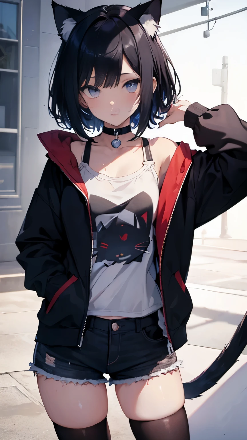 ((masterpiece:1.4、highest quality:1.2))、1 girl、solo focus、delicate face、Highly detailed anime faces and eyes、(conversion sequence)、Slender Beautiful Girl,black hair,short hair,Bob Heyer,bob cut,straight hair,((Blue right eye,red left eye),(odd eye,Eyes of different colors on the left and right))cat eyes,Black cat ears,Nekomimi,cat tail,Bad mood,Wet with sweat,small breasts,tits,moon,black t-shirt,Jacket,shorts,choker,black mask,