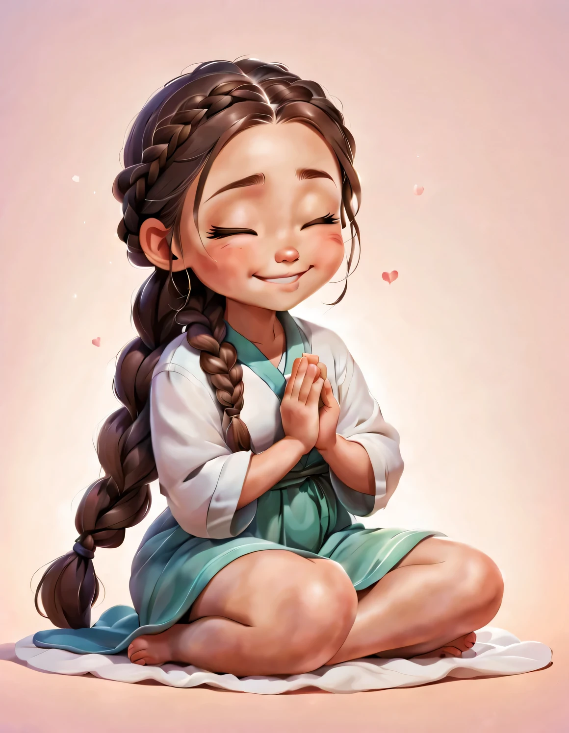 Colorful illustrations.  white, small, Girls with thick skin but smooth skin, pray, Kneel on her lap, smiling, She closed her eyes, She smiles, hold hands, braid, Cartoonish, Lovely, kawaii,