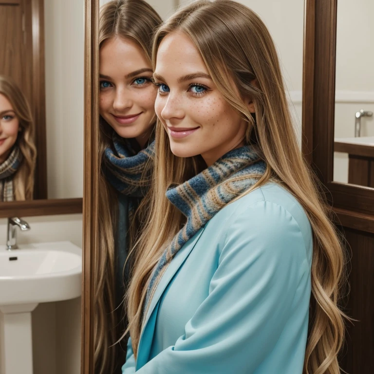 It's a beautiful real young woman with curly long blond hair. Darker hairline. She is quite tall. She has a long pretty pointed nose. Sky Blue eyes. Large smile with really pretty dimples. Chin not pointy. Lightly red skin tone on her dimples. Lot of Freckles on her nose and dimples. She is wearing a long chakr coloured coat with black shoes. She has a really gorgeous colourful scarf around her neck and hair. Looking at her in a mirror in the bathroom while smiling