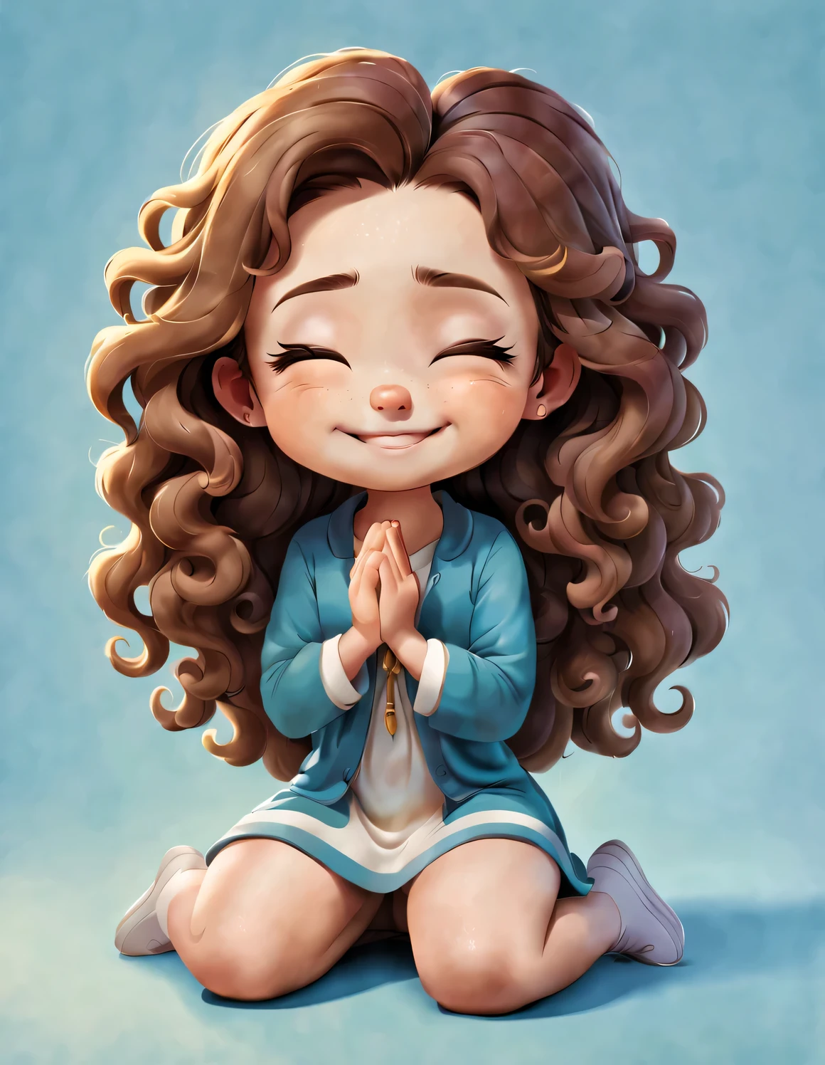 Colorful illustrations. that girl, isolated on white, small, thick-skinned, smooth skin, Praying, on her knees, smiling, She closed her eyes, smiling, hold hands, curls, long hair, Cartoonish, Lovely, kawaii,