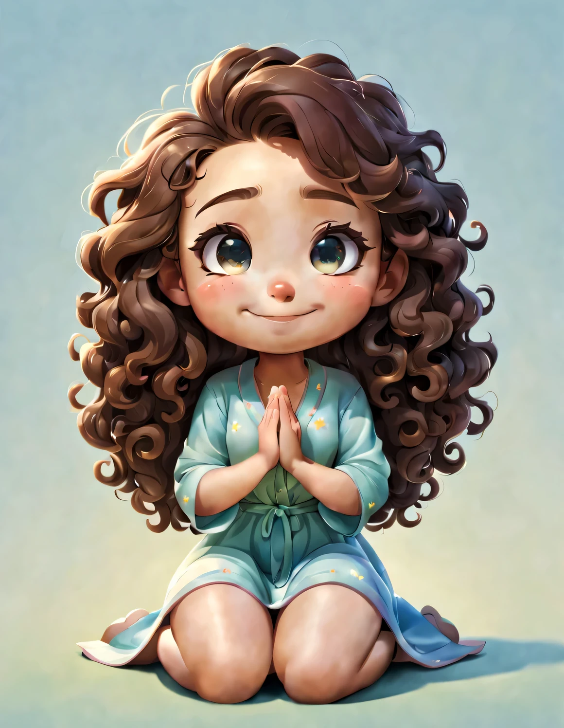 Colorful illustrations. that girl, isolated on white, small, thick-skinned, smooth skin, Praying, on her knees, smiling, She closed her eyes, smiling, hold hands, curls, long hair, Cartoonish, Lovely, kawaii,