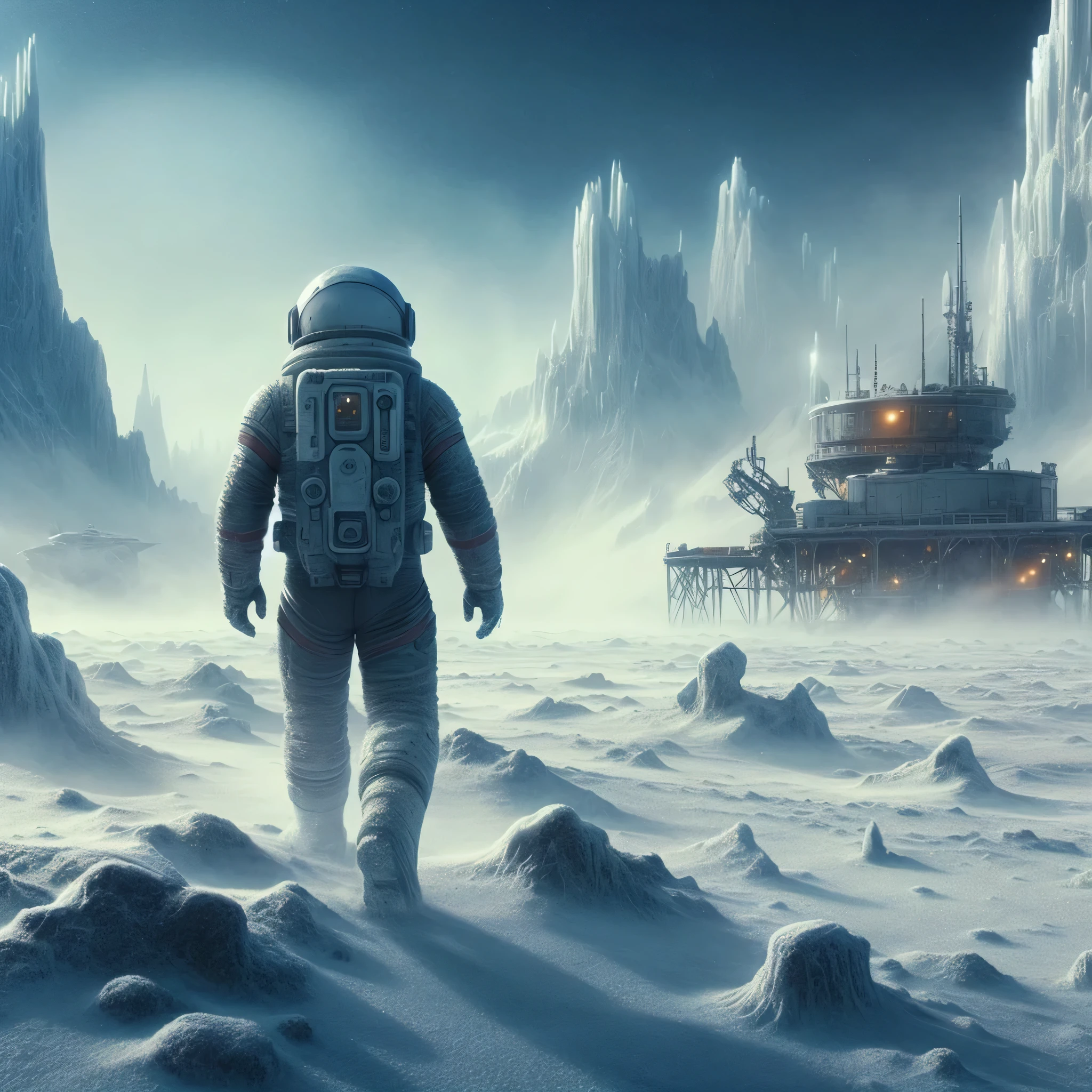 a man in a space suit walking through a snowy field, walking across ice planet, by Christopher Balaskas, concept art 8 k, sci-fi fantasy wallpaper, 8k hd concept art, sci-fi illustrations, sci - fi illustrations, from a 2 0 1 9 sci fi 8 k movie, astronaut stranded on planet, inspired by Christopher Balaskas
