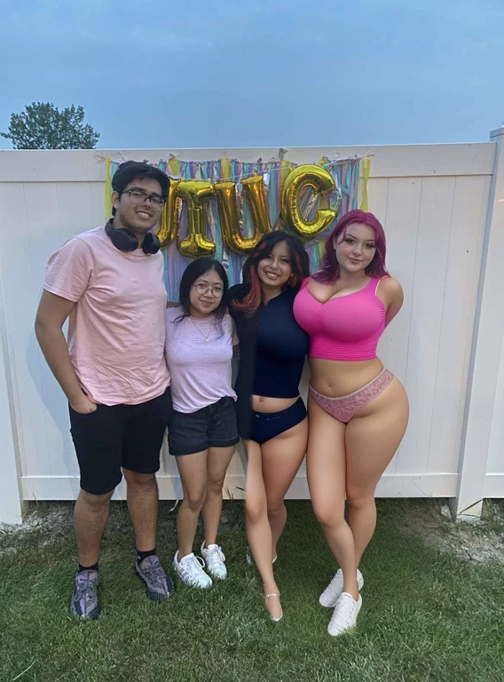 there are four people standing in front of a fence with a sign that says save, picture, having a great time, a picture, college party, very very low quality picture, taken in the early 2020s, group photo, portrait of a pink gang, profile pic, unknown artist, at a birthday party, profile image, with pink hair, summer evening, foursome, Big tits, huge tits, no clothes, sexy, cute, wide hips, thick thighs, pear-shaped body, minimal clothes, thick, bbw, chubby stomach, thick nipples, nipple piercings, large areola, hard nipples, piercing through shirt, nipples hard through shirt, chubby stomach showing, tummy spilling over the side, muffin top, panties only, no pants, pants off, stomach too big for panties, small crop top shirt, major cleavage, nipples showing through shirt, standing, one girl sexy