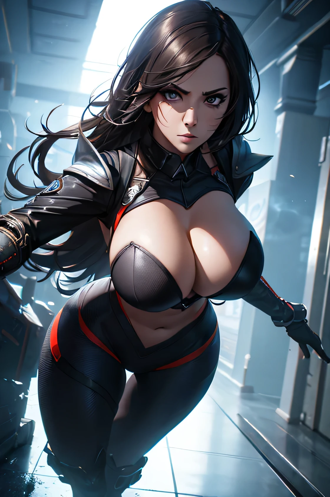 A superheroine, sexy, big breasts, dynamic pose, 3d, (8k), detailed texture,(hyperdetailed), (photo realistic), cinematic light, cinematic action, highly detailed, realistic, Isometric, full body, in frame, driven expression, dark theme, (extremely detailed eyes), detailed symmetric realistic face, extremely detailed natural texture, masterpiece, extremely detailed, amazing, fine detail, rich colors, hyper realistic lifelike texture, dramatic lighting, unreal engine, trending on art station, photo realistic, RAW photo, high quality, high res, sharp focus, extremely detailed, cinematic lighting, 8k, high definition, cinematic, neoprene, unreal engine 5, ultra sharp focus