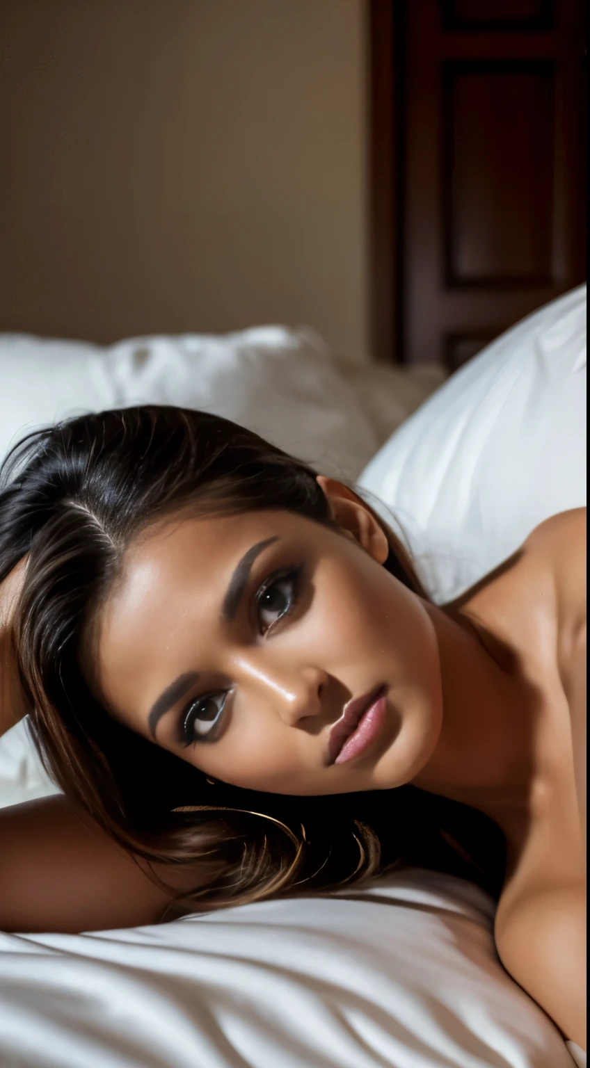 20 year old latin girl, light tan, athletic, in bedroom, laying on bed, white bedsheets, wearing sexy lingerie, incredible body, beautiful woman, striking looks, large cleavage, pouting, full lips, wearing makeup, looking at camera, portrait, natural lighting, masterpiece, 8k image, laying down, sleeping