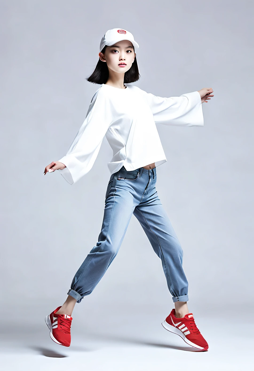 (Art dance poster design), (Half body), (Beautiful Chinese girl dancing in the air), (Wearing a modern and stylish white sweater and blue jeans: 0.8), Head up posture, Fair and flawless skin, high nose bridge, (Hats cover your face: 1.37), (Wearing large sunglasses: 0.65), sad yet beautiful, (The limbs are extremely slender and graceful: 1.1), Exquisite facial features, (Red hands and empty feet), rotating fog, Noble temperament, black and white illustration, Chinese ink painting, black hair, meatball, messy, Proud, Surrealism, contemporary art photography, illustration action painting, abstract expressionism, Pixar, depth of field, motion blur, backlight, Falling shadows, Vignetting, zoom layer, Start at the bottom, Sony FE General Manager, ultra high definition, masterpiece, Accuracy, textured skin, Super details, high detail, high quality, Award-winning, best quality, Level, 16k, Shot from a top-down perspective,