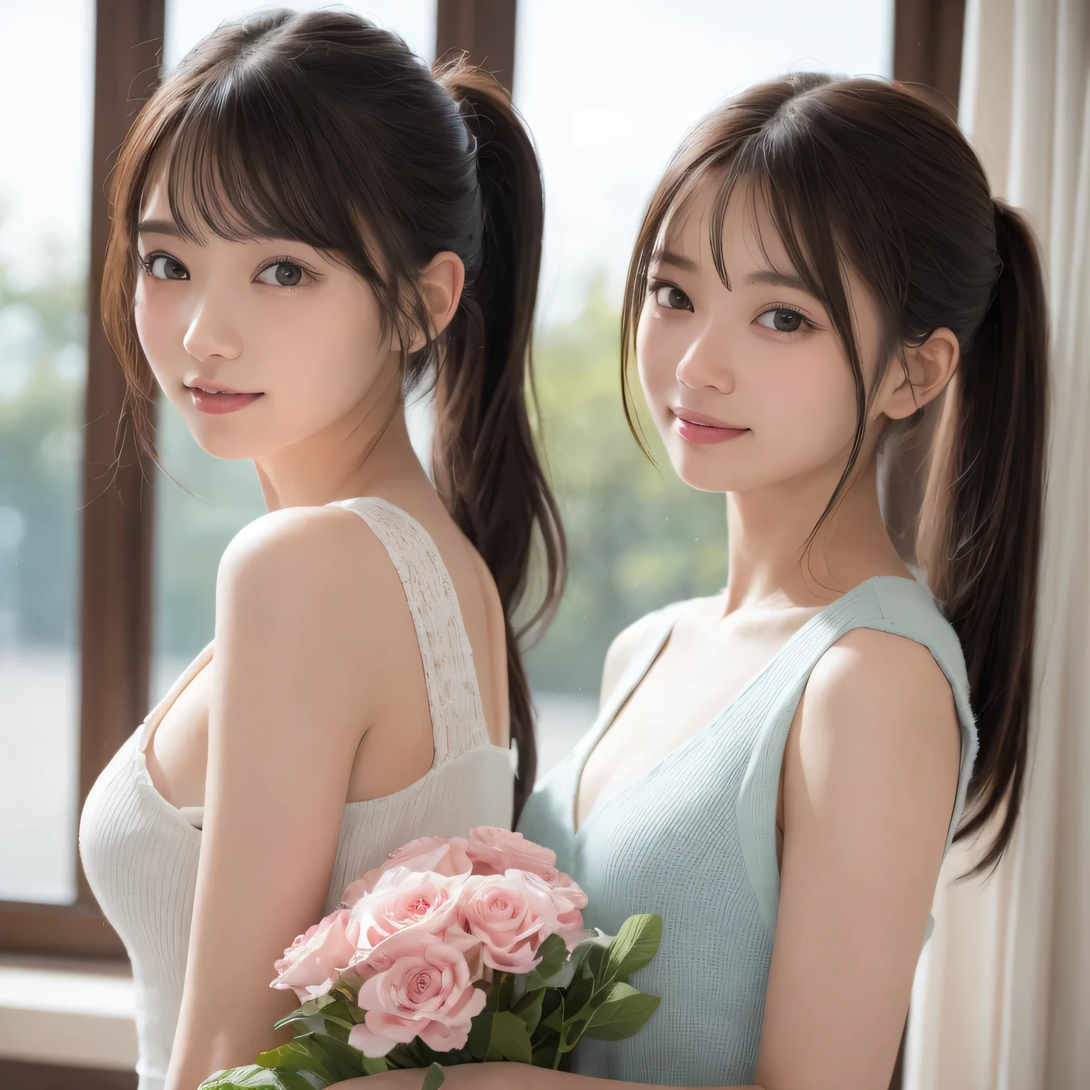 Smile、night、original photography、(((ultimate beauty portrait)))、((sparkling skin))、1 girl、24 year old beautiful girl from Prague、bright expression、((brown hair))、((Big eyes sparkling like gems))、、pantyhose、Glowing and radiant skin、(medium hair)、(silk ponytail)、(standing)、(from below)、under skirt、(from below看内衣的特写)、Eyeliner、beautiful bangs、hair between eyes、((masterpiece、top quality、Super detailed、movie light、intricate details、high resolution、Very detailed))、background for this、8 kood、digital SLR、soft light、high quality、film grain、富士XT3 、shallow view deep、natural soft light、Kamimei、Above the legs、whole body、 Rear view、Holding a bouquet of flowers