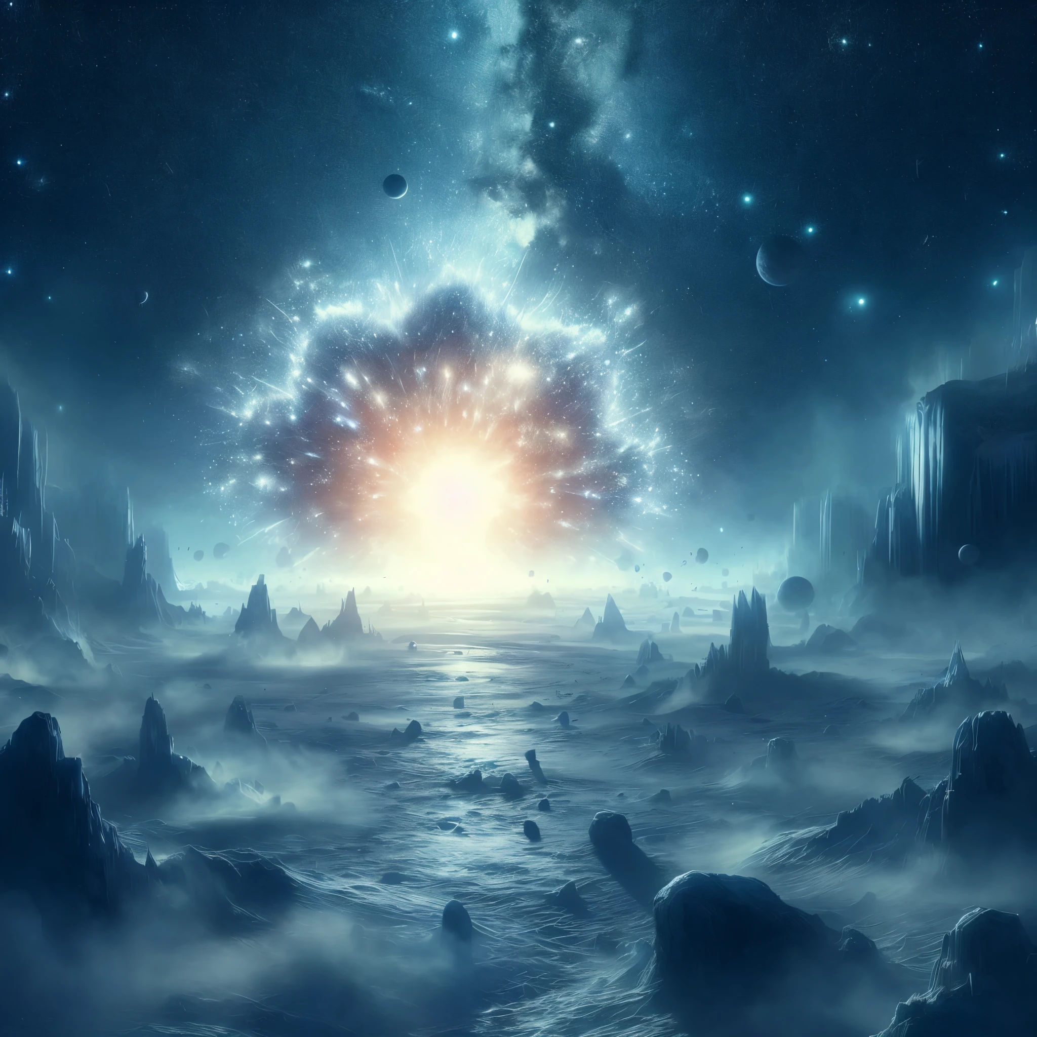 a close up of a very large alien like planet with a huge explosion, sci fi epic digital art, epic fantasy sci fi illustration, background artwork, 4k highly detailed digital art, sci-fi fantasy wallpaper, end of the universe, greg beeple, sci-fi fantasy desktop wallpaper, fractal thunder dan mumford, epic beautiful space scifi