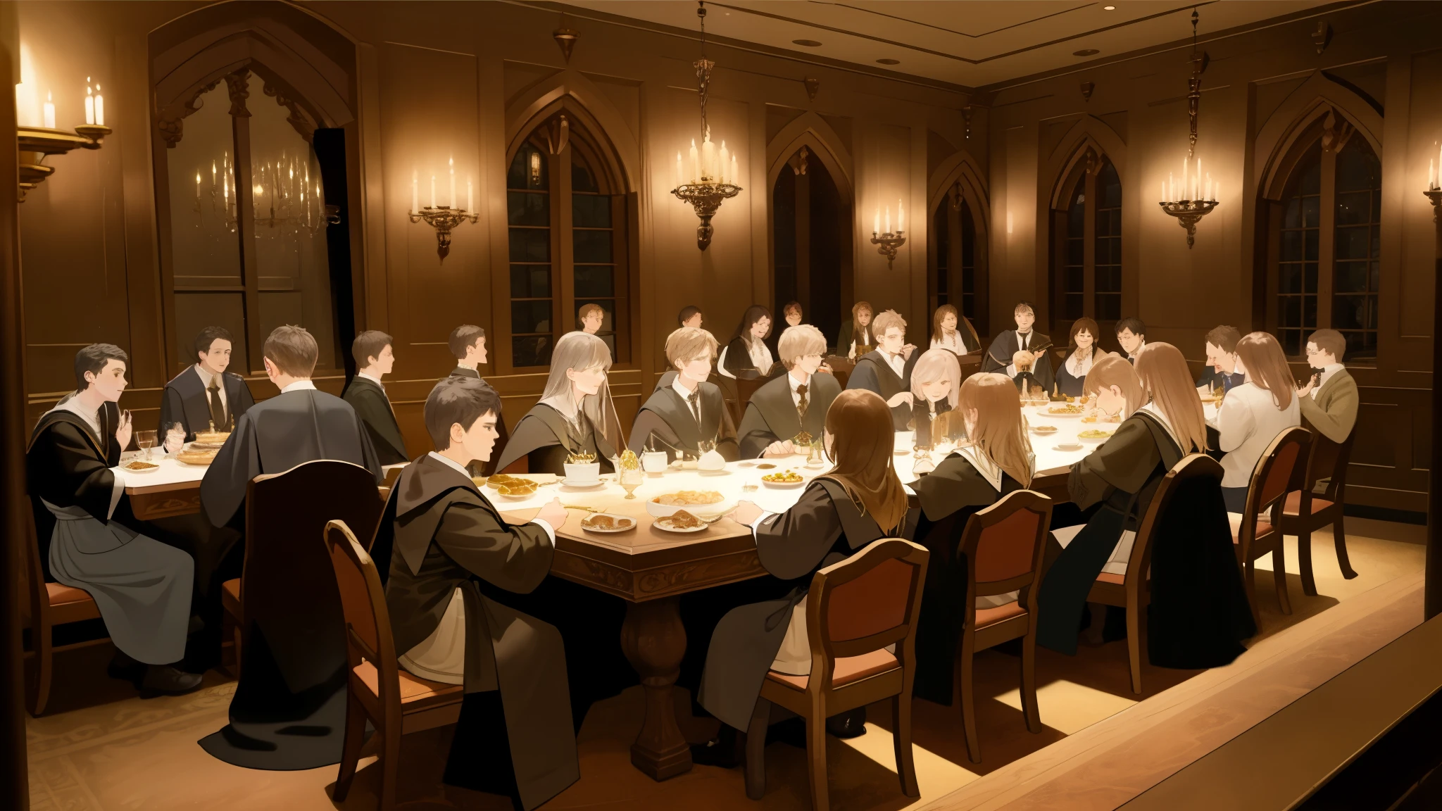 Great dining room of magical academy, large dining room of magic school, large aristocratic dining room of magical medieval school, comedor estilo medieval de alumnos de magia, large dining room with twenty wooden tables, large carved stone dining room, dining room magic elements, multiples mesas, estudiantes de magia comiendo en mesas de madera, young adult students, magic students in black robes eating, estudiantes de magia comiendo.