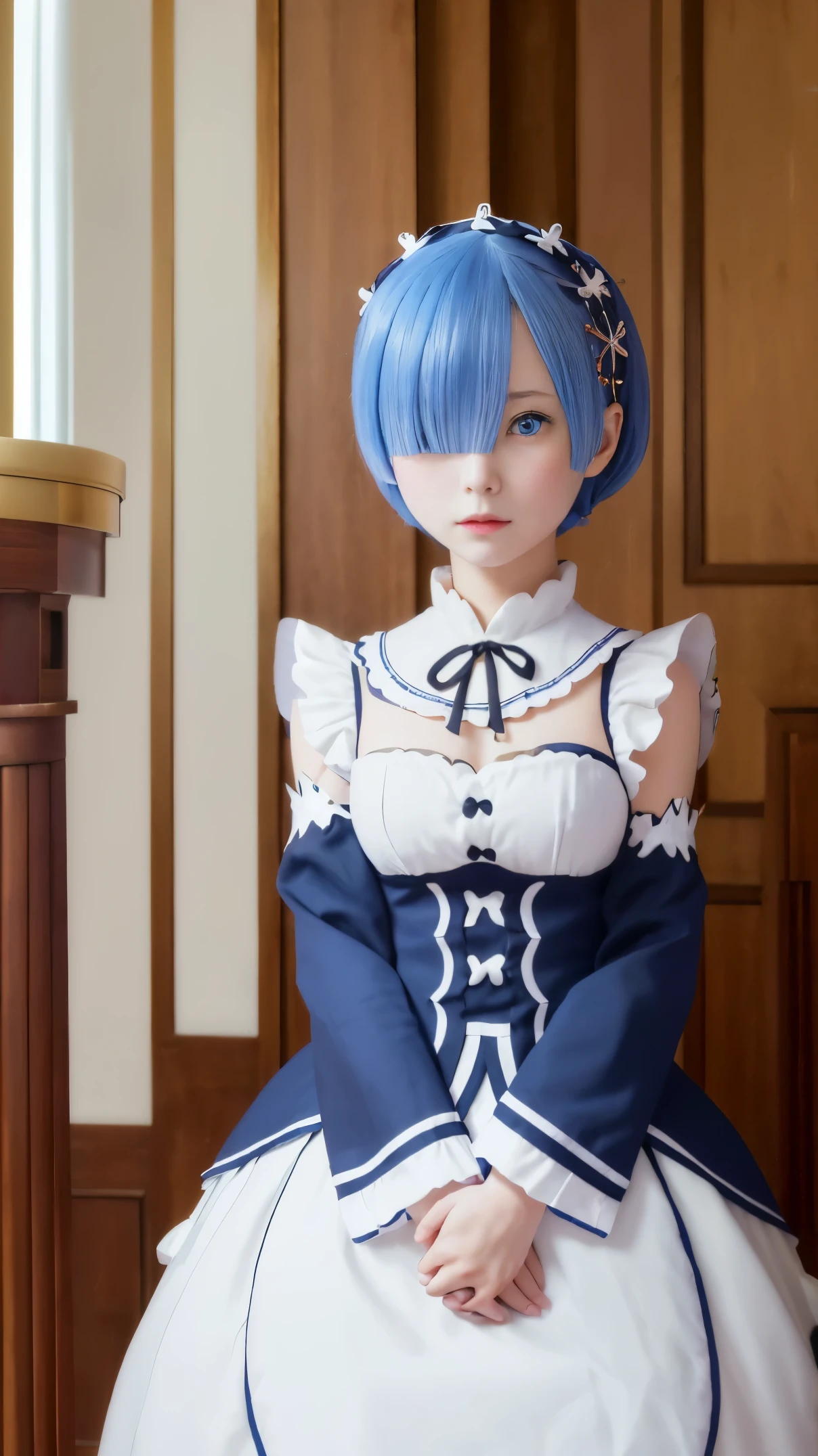 (masterpiece:1.6, highest quality), (Beautiful detailed eyes: 1.2), ticker_Rem, Remhd, 1 girl, blue hair, alone,One eye is hidden by hair, blue eyes, ×hair ornament,roswaal mansion maid uniform, maid, Inside a Western-style mansion, night, whole body,spread legs,