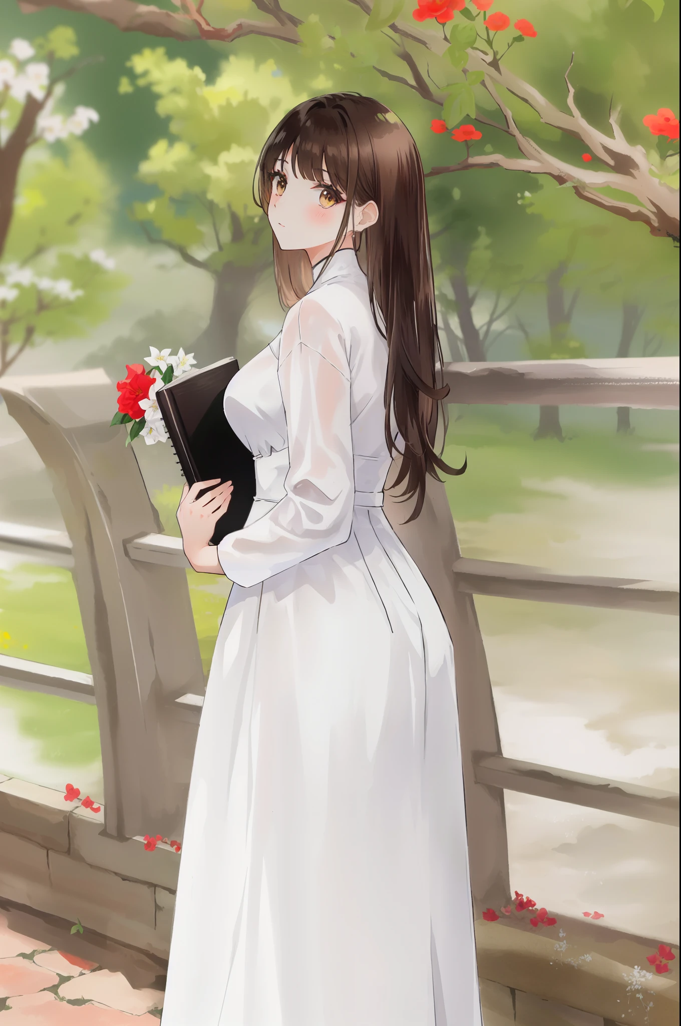 a woman in a white dress holding a black book and a flower, (brown long hair swept bangs:1.3), ao dai, beautiful long white dress, in style of lam manh, vietnamese woman, mai anh tran, long white dress, wearing white dress, cute elegant pose, elegant white dress, in a long white dress, long dress, a beautiful woman in white, wearing an elegant dress, white dress