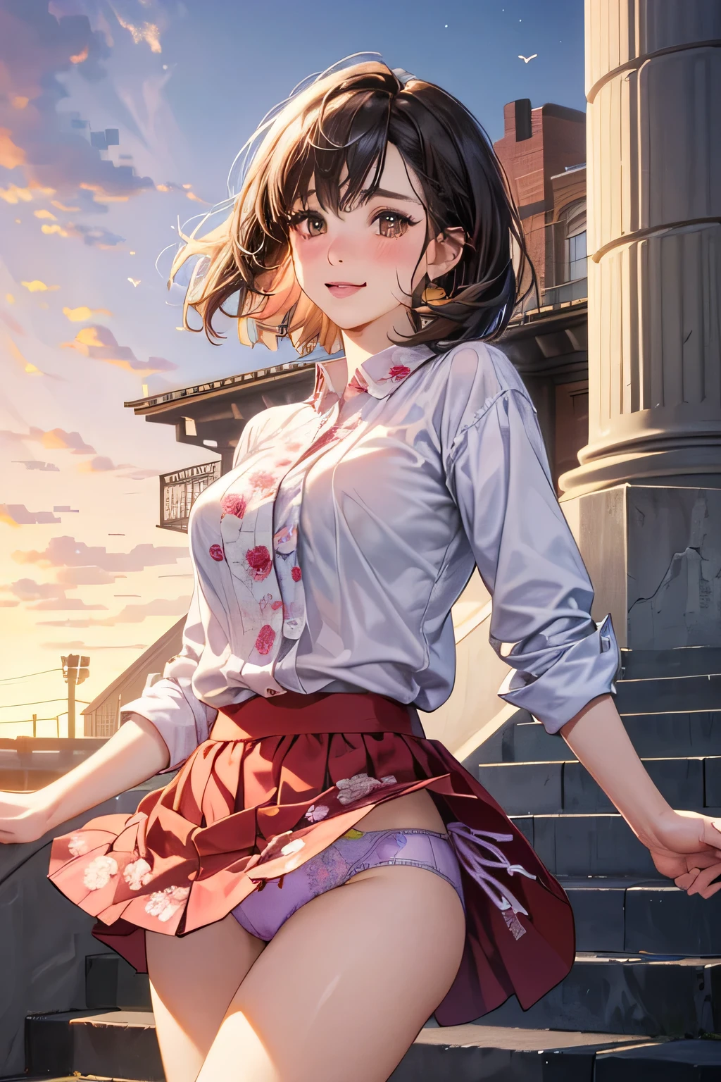 one woman, alone, middle aged, きれいなmiddle agedの女性、I could see the whole body、 ((short hair)), ((brown eyes, beautiful eyelashes, realistic eyes)), ((detailed face, blush:1.2)), ((smooth texture:0.75, realistic texture:0.65, realistic:1.1, Anime CG style)), ((glamorous body)),((big breasts)), dynamic angle, perfect body, ((light purple sheer blouse, red skirt))、(Hotel stairs)、that'the wind is strong、(Very embarrassing panic smile)、I can see her panties sticking out in front of me., Angle looking up from the bottom of the stairs、 (((The wind pulled up my skirt、My pants are completely exposed..、Pink floral panties)))、(((masterpiece, highest quality, High resolution, perfect pixel, 8K))),
