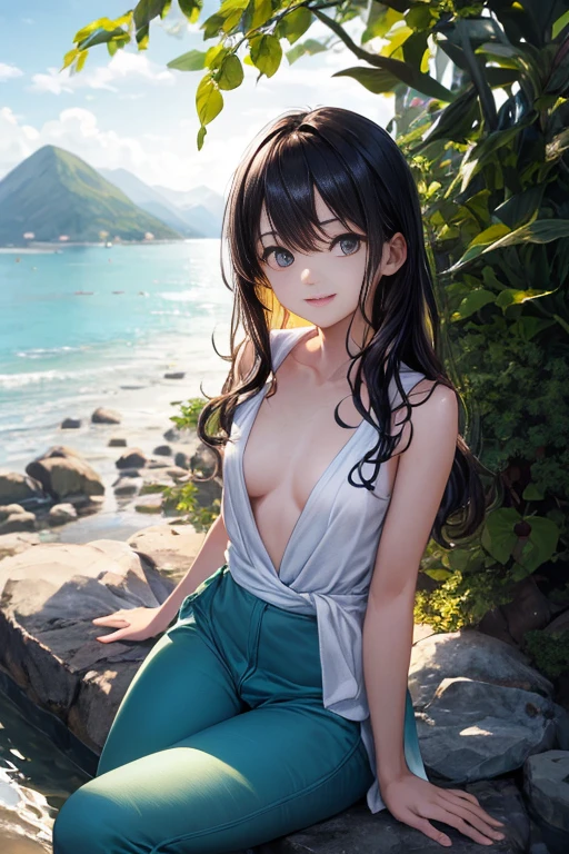 high resolution、
One beautiful young woman、
(soft saturation:1.3)、(light skin tone:1.2)、
(Ultra detailed backgrounds、background)、Bokeh、
One-piece Pants,Portrait of smiling girl。when viewed from the front、The composition is symmetrical。
Look straight at you with serious eyes、One-piece Pants
(Towel wrap)、(Towel wrap)、Medium chest、
outdoor、mysterious sea area、sky sky、Sunlight、Hot spring resort、mountain view、
glare、front-illuminated、
( uncensored:1.3)、Breaking the angle from the front、
looking at the audience、
dynamic poses、
Seaweed sitting on the beach、wakame、wakame、wakame、wakame、wakame、wakame、