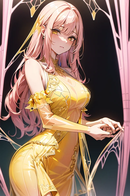 {{{{masterpiece}}}}, {{{super detailed}}}, {{{High resolution}}}, {{excellent anatomy}}, (((highest quality))), ((very delicate and beautiful)), {{very detailed and delicate}}, {8k cg wallpaper},((詳細なpalaceの背景))、extremely detailed, solo, perfect face, pretty face, highly detailed face,(muste piece), (best quality)、One female、best style、beautiful woman、The most beautiful woman in the world、(((yellow transparent dress:1.5))),((big breasts))、((palace))、(((long pink hair)))