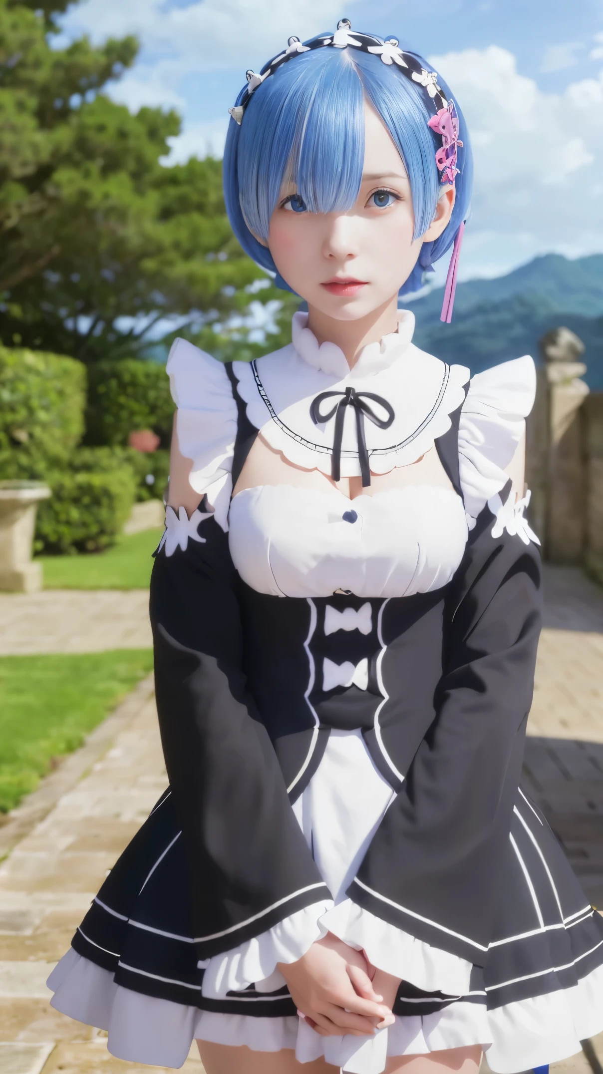 (masterpiece:1.6, highest quality), (Beautiful detailed eyes: 1.2), ticker_Rem, Remhd, 1 girl, blue hair, alone,One eye is hidden by hair, blue eyes, ×hair ornament,roswaal mansion maid uniform, maid, Ocean,  cove, sunlight, wood, Wave,  whole body,spread legs