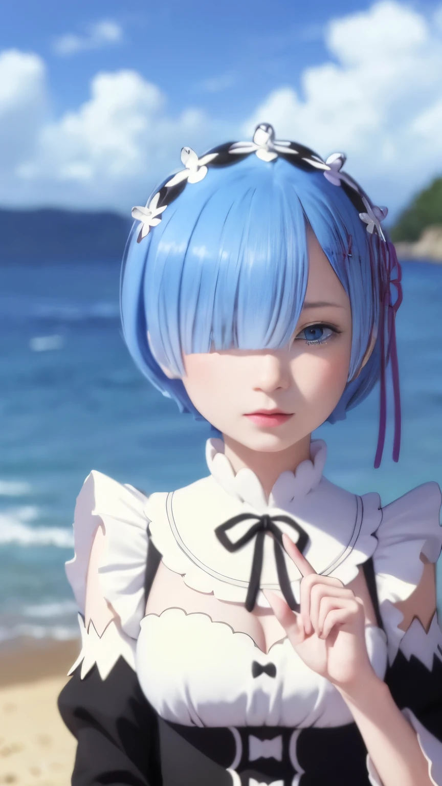 (masterpiece:1.6, highest quality), (Beautiful detailed eyes: 1.2), ticker_Rem, Remhd, 1 girl, blue hair, alone, blue eyes, ×hair ornament,roswaal mansion maid uniform, maid, Ocean, cove, sunlight, wood, Wave, Raise the hand