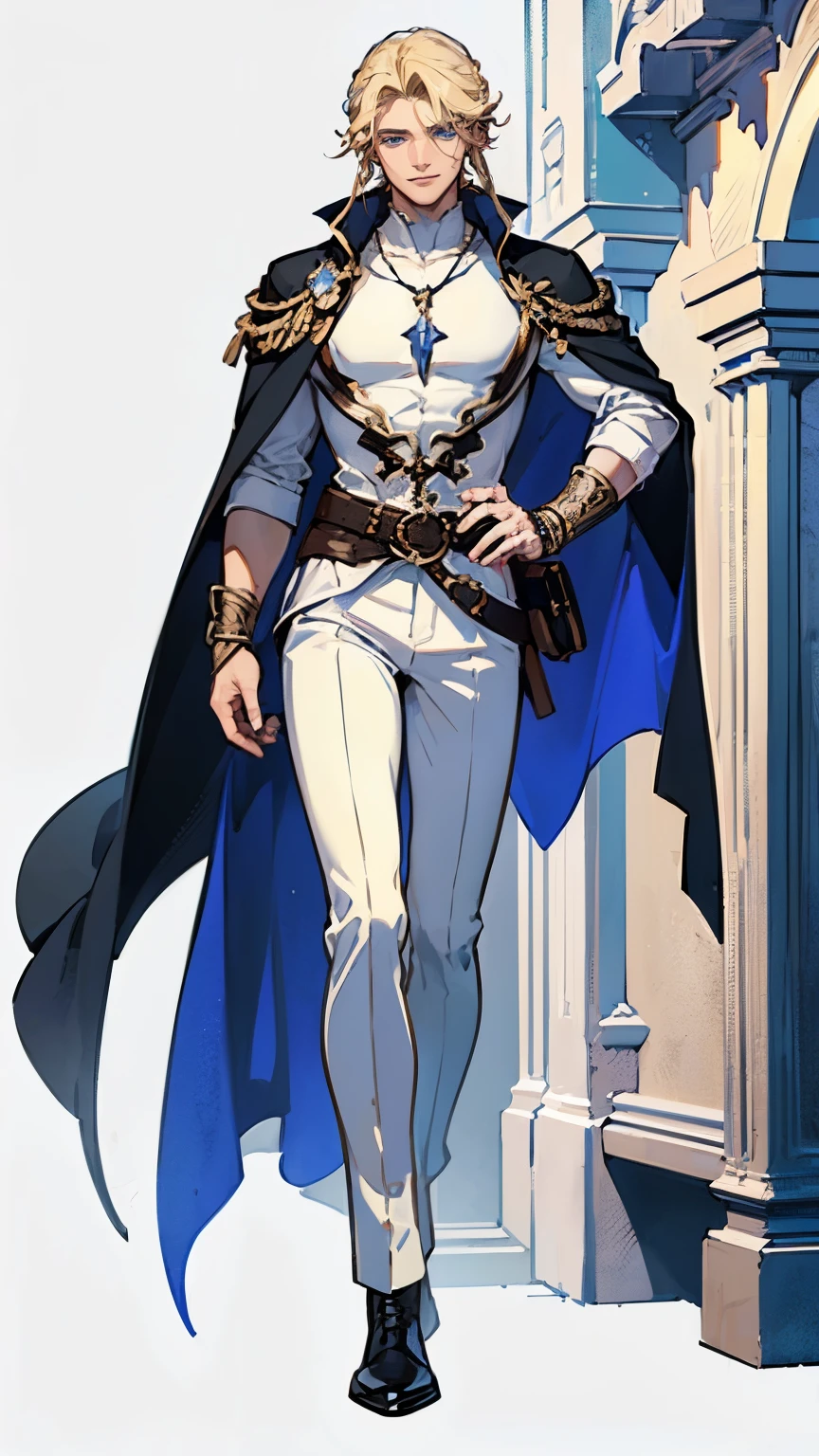 ((masterpiece,best quality,8k,highres)),((character concept art)), 1 male, young british adult male, sorcerer, 185 cm height, permed mullet hairstyle (blonde hair colour), ultra finely detailed eyes (blue eyes colour), extraordinary handsome, charming, smirk smile, warm smile, gentle smile, perfect body build ((muscular)), ((intricate detail)), super finely detailed hands, ultra finely detailed fingers(((ten fingers))), stylish wizard tops (white outfit colour), black long pants, pouches on waist, tool belt, black boots, big red cloak, magical necklace, magical bracelet, (standing still), (full body showcase), (show full body), (no logos on background), (no logo), ((plain background)), ((plain background)), (((empty background)))