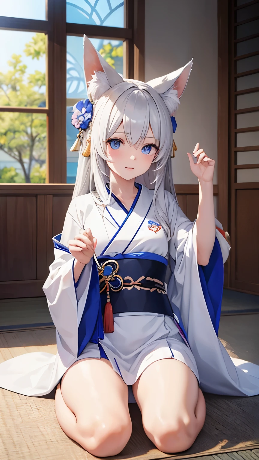 (Solo:1.3)), 1 chica, Mejor calidad, realistic, fotorrealista, Mejor calidad, obra maestra, muy delicado y hermoso, Muy detallado, chica anime, cabello albino y ojos azules y piel de porcelana, has characteristic fox ears and tail, both of the same grayish white tone as her hair, viste un kimono miko con apertura a los lados en tono azul y blanco, y unos geta de madera