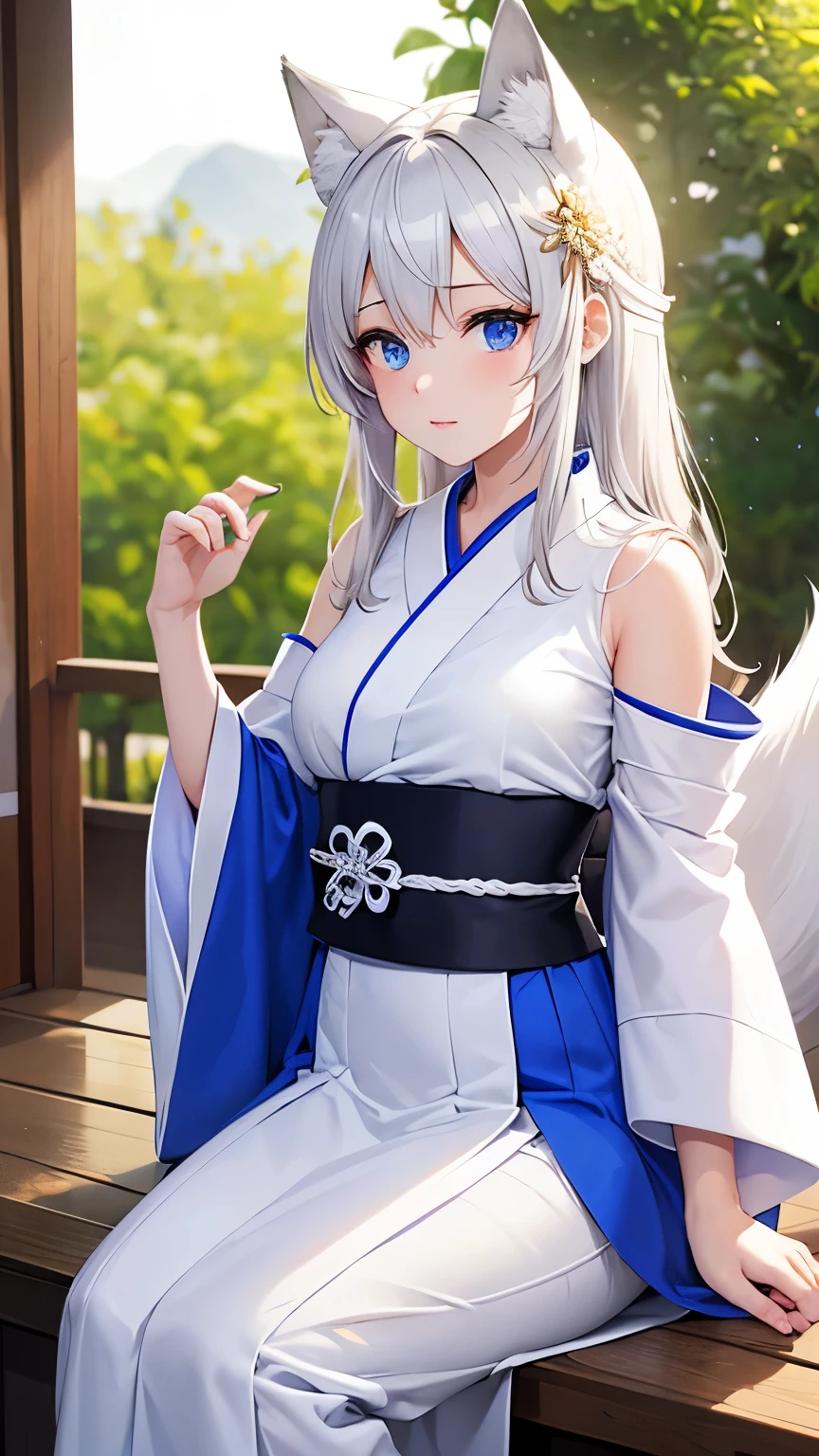 (Solo:1.3)), 1 chica, Mejor calidad, realistic, fotorrealista, Mejor calidad, obra maestra, muy delicado y hermoso, Muy detallado, chica anime, cabello albino y ojos azules y piel de porcelana, has characteristic fox ears and tail, both of the same grayish white tone as her hair, viste un kimono miko con apertura a los lados en tono azul y blanco, y unos geta de madera