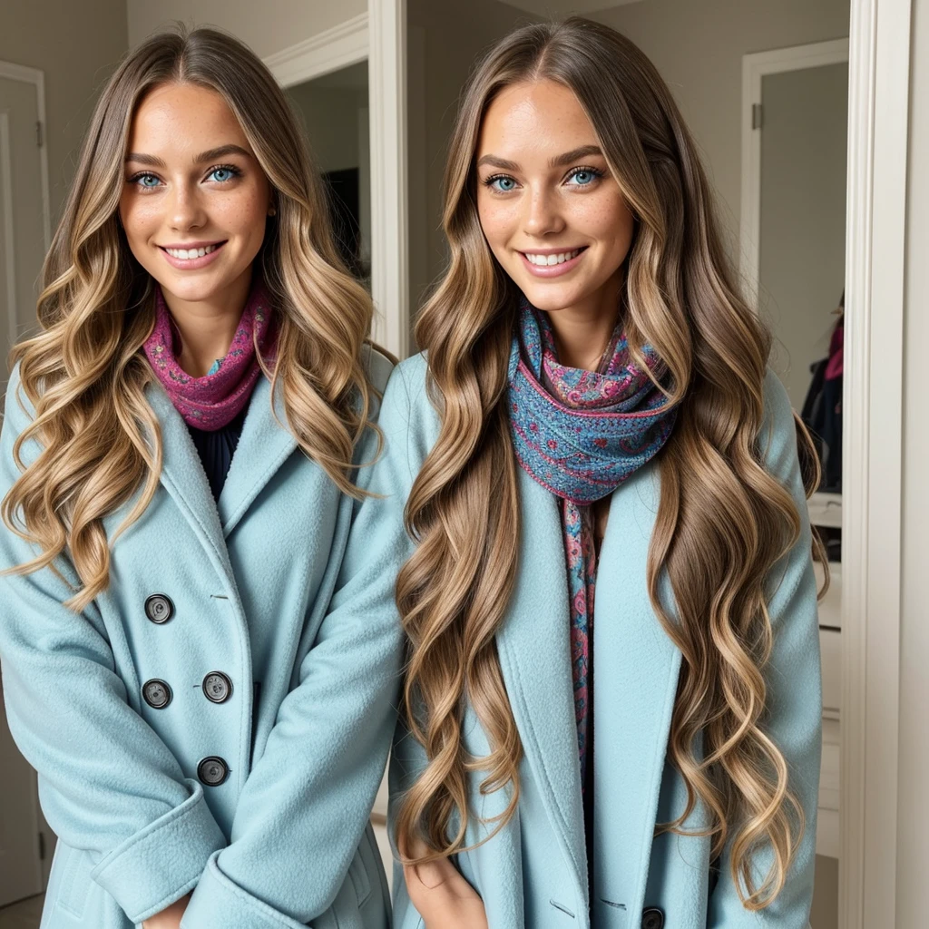 It's a beautiful real young woman with curly long blond hair. Darker hairline. She is quite tall. She has a long pretty pointed nose. Sky Blue eyes. Large smile with really pretty dimples. Chin not pointy. Lightly red skin tone on her dimples. Lot of Freckles on her nose and dimples. She is wearing a long chakr coloured coat with black shoes. She has a really gorgeous colourful scarf around her neck and hair. Looking at her in a mirror in the bathroom while smiling