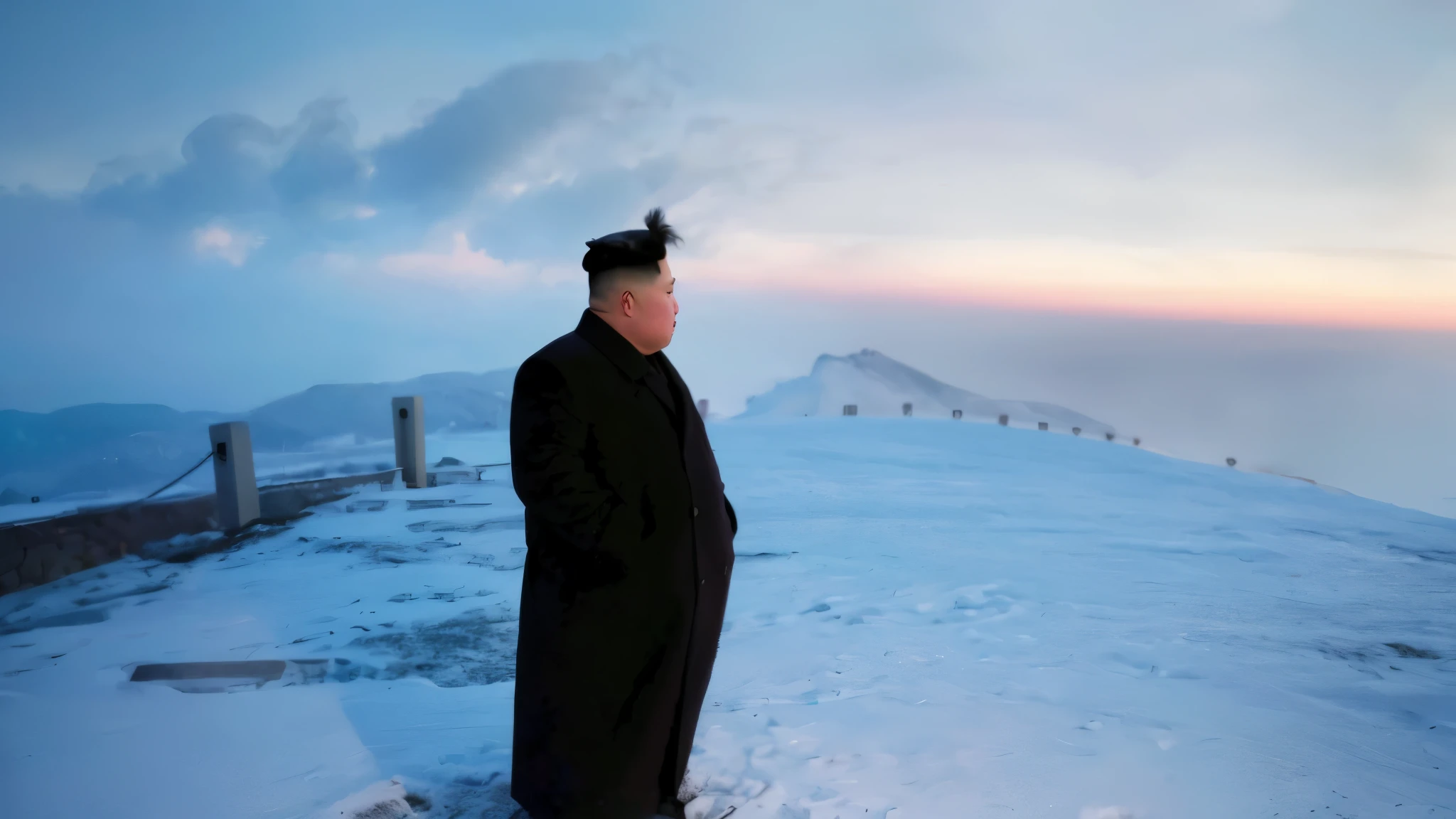 arafed man in black coat standing on snow covered hill, kim jong-un, kim jong - un, kim jung gi style, kim jong un, north korea, style kim jung gi, photographed for reuters, january, reuters, january 20th, proud looking away, looking off into the distance, looking into the distance, pyongyang
