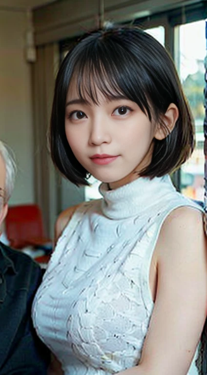 (1 office lady sitting on 1 old man's lap,close to each other:1.1), (his arm touching her breast:1.1),very cute face, bob cut, white thin fabric turtleneck, headset,baseball stadium,perfect anatomy, masterpiece, best quality, perfect face,from front,upper body