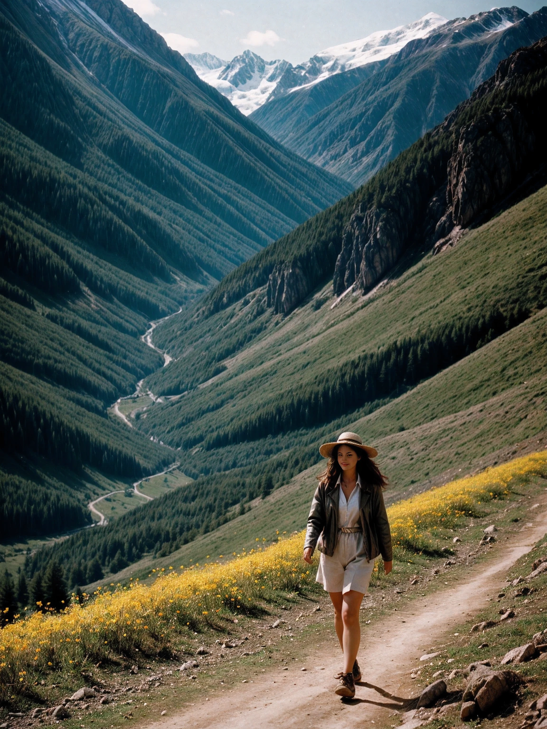 Analog photography, taken on Nikon FM2, of a beautiful woman walking in the mountains during spring