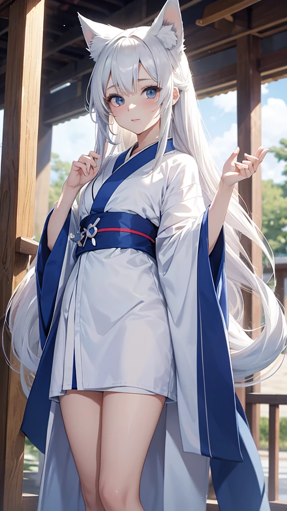 chica anime, cabello albino y ojos azules y piel de porcelana, has characteristic fox ears and tail, both of the same grayish white tone as her hair, viste un kimono miko cotro con apertura a los lados en tono azul y blanco, y unos zaptos geta de madera