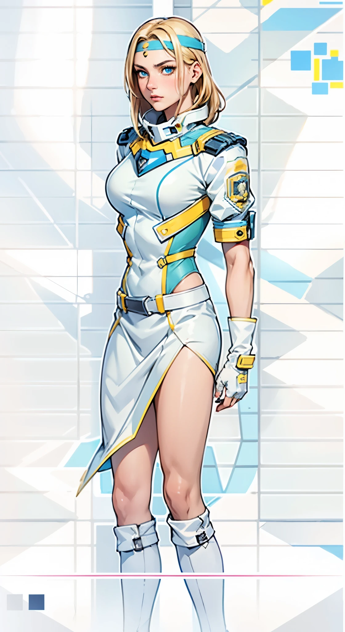 A girl with short light golden hair, a metal headband on her forehead, an icy gaze, a detached expression, a smooth and exquisite facial appearance, a sci-fi military uniform, white as the main color, complemented by blue and yellow accents, short sleeves, gloves, short skirt integrated with the outfit, dark fitted pants, knee-high military boots, standing in a futuristic sci-fi-styled room, Surrounded by AR virtual interfaces, this character embodies a finely crafted a futuristic sci-fi female officer in anime style, exquisite and mature manga art style, high definition, best quality, highres, ultra-detailed, ultra-fine painting, extremely delicate, professional, anatomically correct, symmetrical face, extremely detailed eyes and face, high quality eyes, creativity, RAW photo, UHD, 8k, Natural light, cinematic lighting, masterpiece-anatomy-perfect, masterpiece:1.5