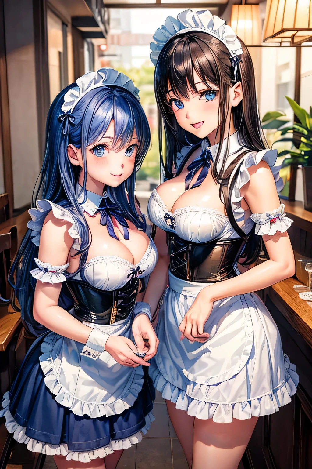 Photo of (2 girls:1.5), Kawaii JPN Gal, Beautiful JPN-Girl, at the cafe, Beautiful sensual blue eyes, black hair, smile, wearing a french maid, white ruffle apron, push up chest corset, Eating cotton candy with a stick, facing each other