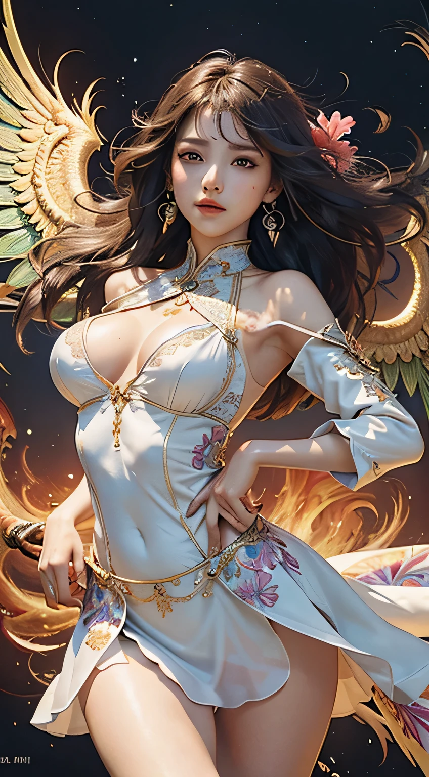 (masterpiece、highest quality、highest quality、official art、beautiful and aesthetic:1.2)、(1 girl:1.3)、very detailed、(fractal art:1.1)、(colorful:1.1)(flower:1.3)、most detailed、( zentangle:1.2)、(dynamic pose)、(Change the pose)、(dynamic angle)、(abstract background:1.3)、(shiny skin)、(many colors:1.4)、(earrings)、(wing:1.5)、(火inflammation放射器:1.3)、red background、inflammation、light、explosion、gust of wind、phoenix dress、beautiful face、detailed face、perfect proportions、big breasts、thin waist、navel、big ass、gap between crotches、thighs、