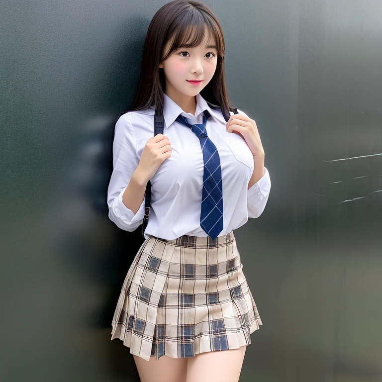 Highest image quality、realistic skin、cute、perfect body、High resolution、big breasts、plump body、dynamic composition、legs open、school uniform、plaid skirt、embarrassed face