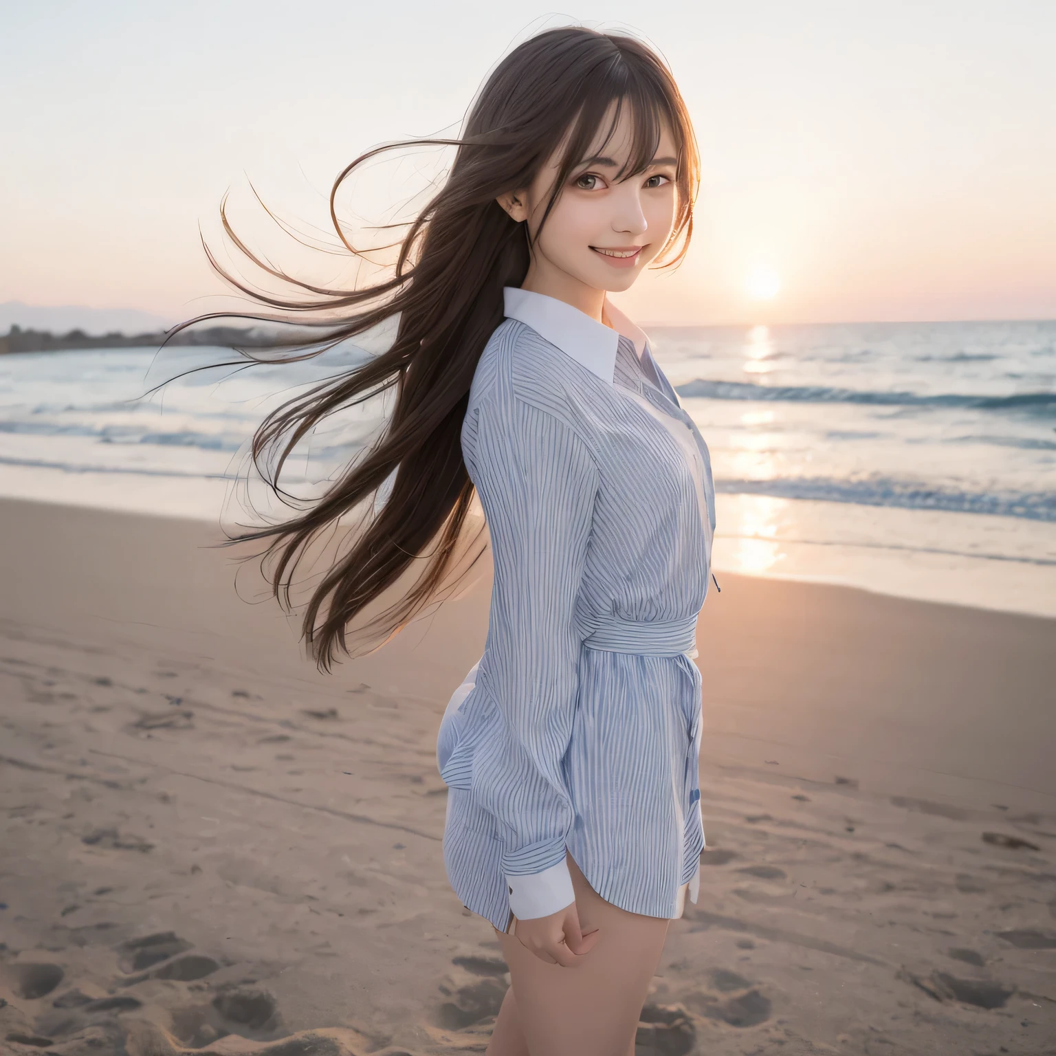 on the table, best quality, illustration, Super detailed, fine details, high resolution, 8k wallpaper, Perfect dynamic composition, Beautiful and delicate eyes,whole body摄影，show your whole body、collared shirt、long gray hair, Bold sexy pose,Smile,Harajuku、20 year old girl、huge :1.5、Look at the sexy shots of the camera, whole body, Rear view、Holding a bouquet of flowers、standing at the beach